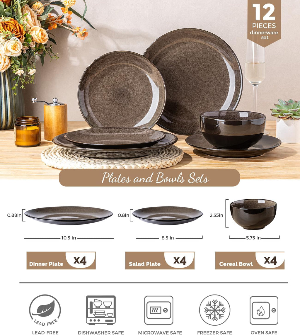LERATIO Ceramic Dinnerware Sets for 8,Stoneware Plates and Bowls Sets,Handmade Reactive Glaze Dishes Set,Chip Resistant and Scratch Resistant | Oven&Dishwasher & Microwave Safe-Chestnut(24PCS)