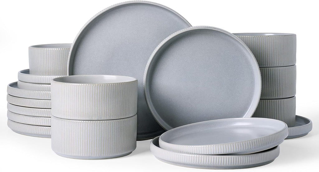 Famiware Star 18-Piece Reactive Glaze Plates and Bowls Sets, Service for 6 - Stoneware Dinnerware with Trim, Modern Rustic Dishes, Chip & Scratch Resistant, Microwave & Dishwasher Safe, Matte Gray