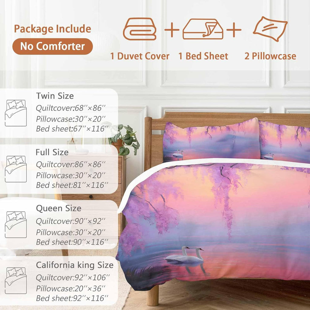 Swan Duvet Cover Set Queen Size 4 Pieces Oil Painting Spring Wisteria Gradient Pink Blue Lake Bedding Set with Zipper Closure, 1 Comforter Cover 86x86 Inches 1 Flat Sheet & 2 Pillow Cases