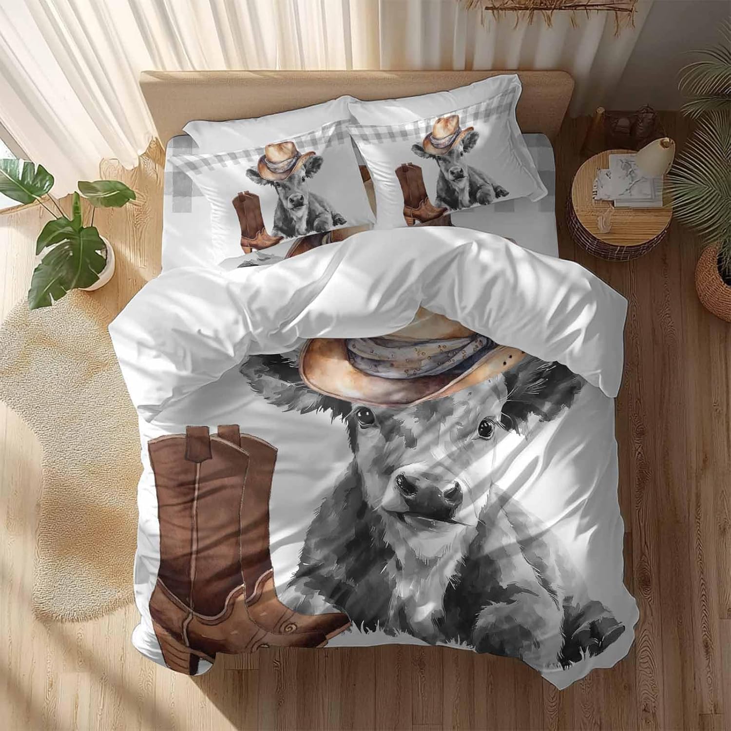 Farmhouse Cow Duvet Cover Set Queen Size 4 Pieces Grey Animal with Cowboy Hats Western Boots Plaid Bedding Set with Zipper Closure, 1 Comforter Cover 90x92 Inches 1 Flat Sheet & 2 Pillow Cases