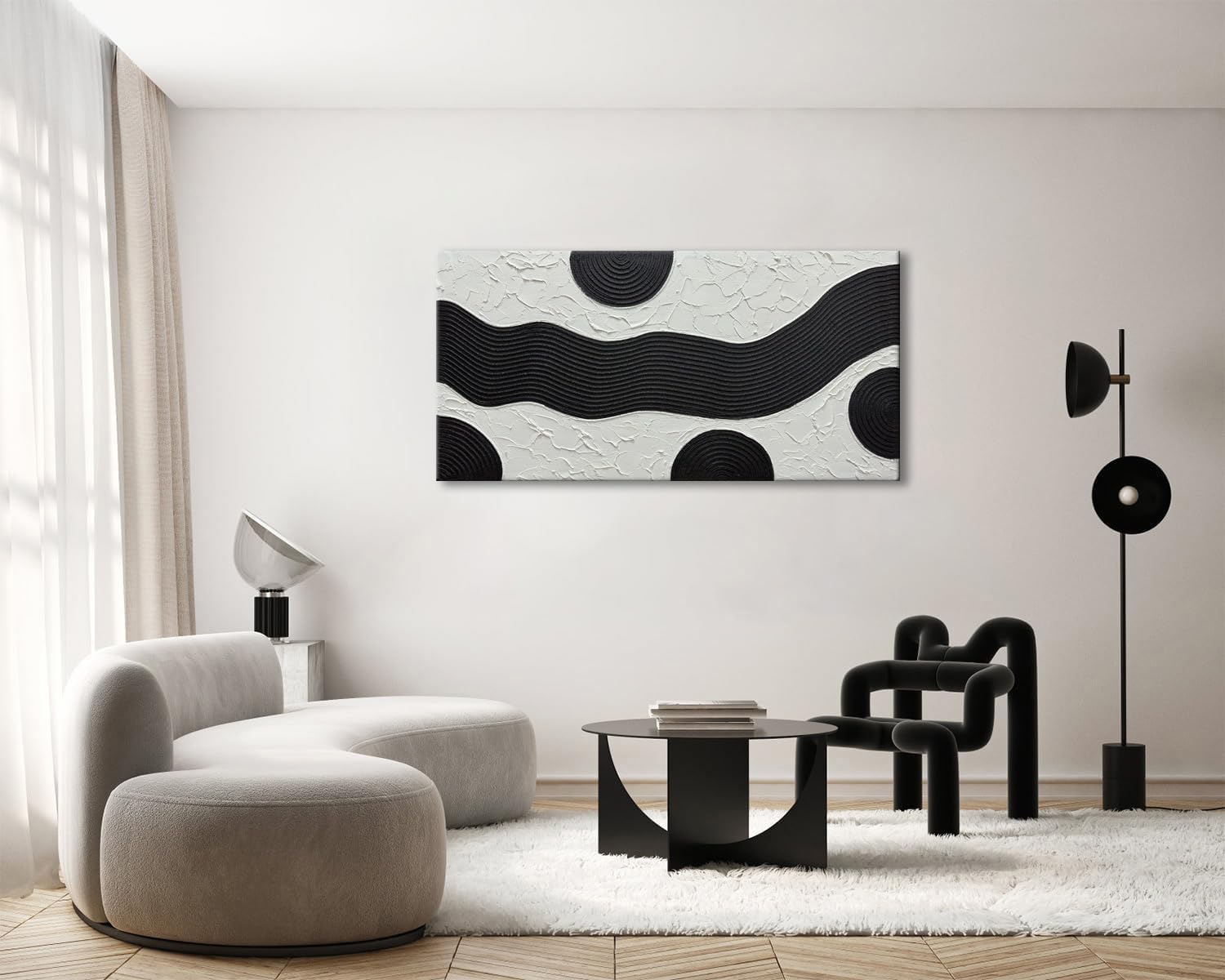 zoinart Hand-Painted Black and White Abstract Oil Paintings Modern Canvas Wall Art, Minimalist Texture Artwork for Living Room Bedroom Office Wall Decor Ready to Hang