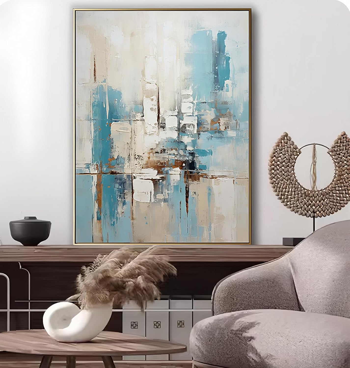 3D Textued Framed Abstract Canvas Wall Art for Office,Hand Painted Blue Abstract Oil Painting For Living Room, Large Textured Wall Decoration for Bedroom Home Décor 28x40 inches