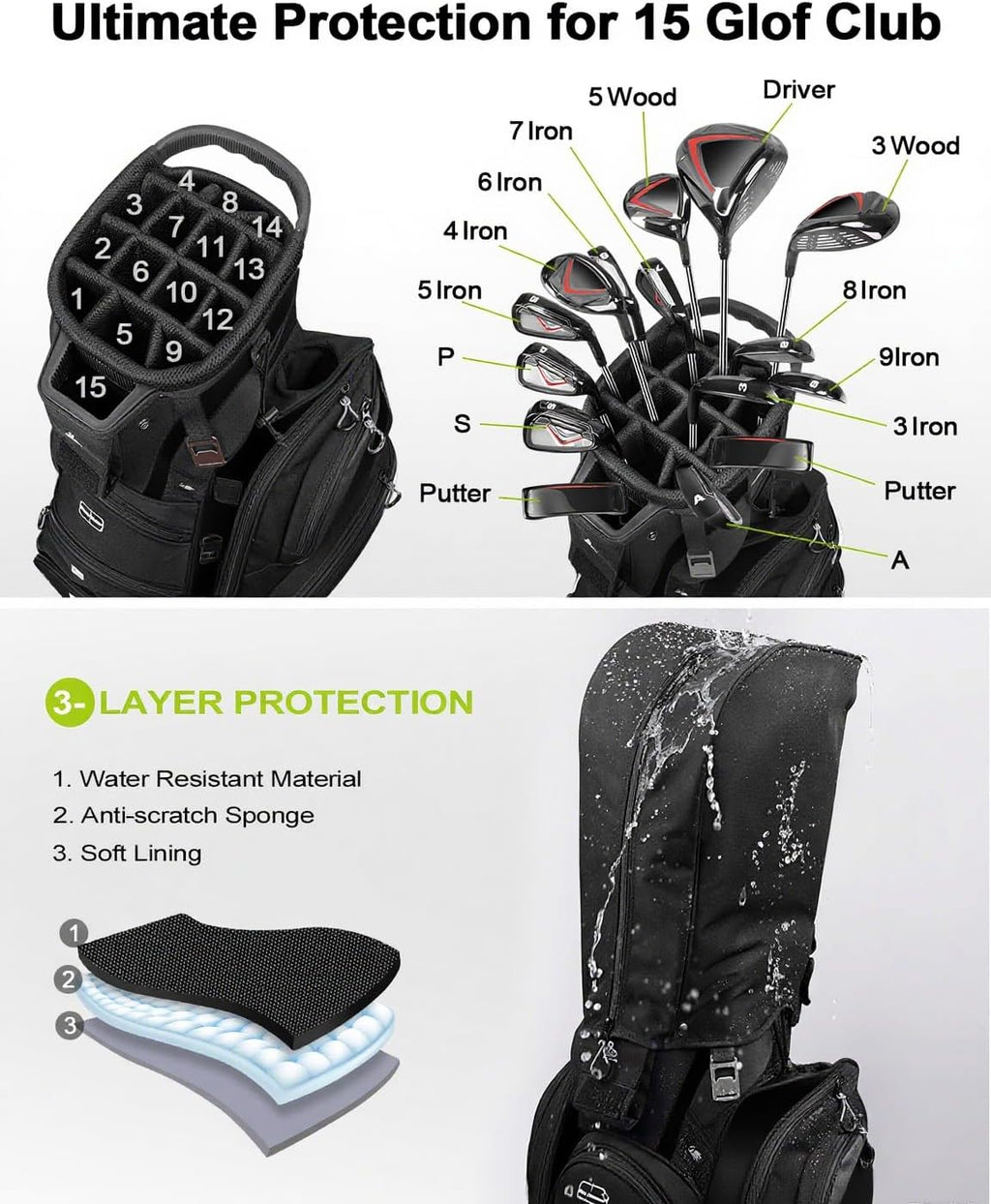 Vancropak Golf Cart Bag, Golf Gifts for Men with 15 Way Divider Top, USB Charging Port, Waterproof Protective Rain Cover, Shoe Compartment, Cooler Pocket, Tracker Slot, Umbrella Holder, Golfer Gifts