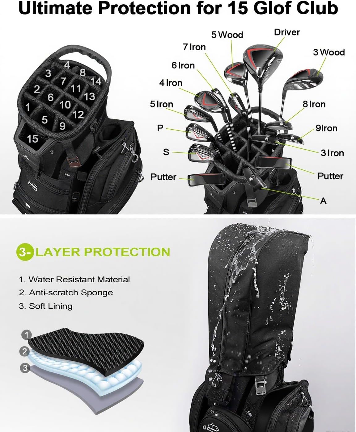Vancropak Golf Cart Bag, Golf Gifts for Men with 15 Way Divider Top, USB Charging Port, Waterproof Protective Rain Cover, Shoe Compartment, Cooler Pocket, Tracker Slot, Umbrella Holder, Golfer Gifts