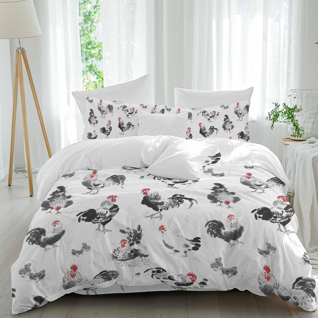 Prime Leader Rooster Hen Duvet Cover Set Queen Size 4 Pieces Watercolor Farm Animal Rustic Black Country Bedding Set with Zipper Closure, 1 Comforter Cover 86x86 Inches 1 Flat Sheet & 2 Pillow Cases