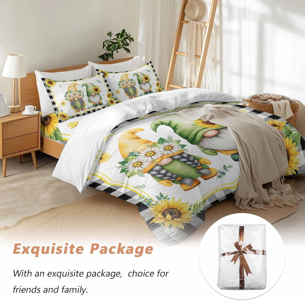 Prime Leader Summer Dwarfs Duvet Cover Set Queen Size 4 Pieces Yellow Sunflower Daisy Black Plaid Field Bedding Set with Zipper Closure, 1 Comforter Cover 90x92 Inches 1 Flat Sheet & 2 Pillow Cases