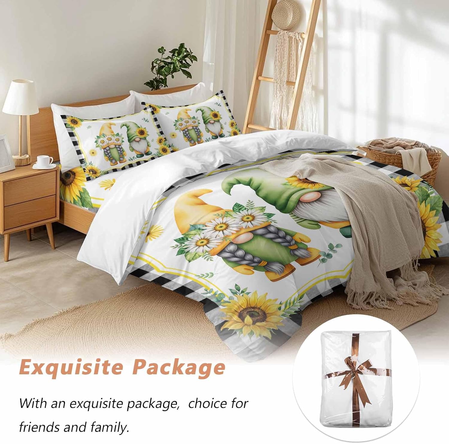 Prime Leader Summer Dwarfs Duvet Cover Set Queen Size 4 Pieces Yellow Sunflower Daisy Black Plaid Field Bedding Set with Zipper Closure, 1 Comforter Cover 90x92 Inches 1 Flat Sheet & 2 Pillow Cases