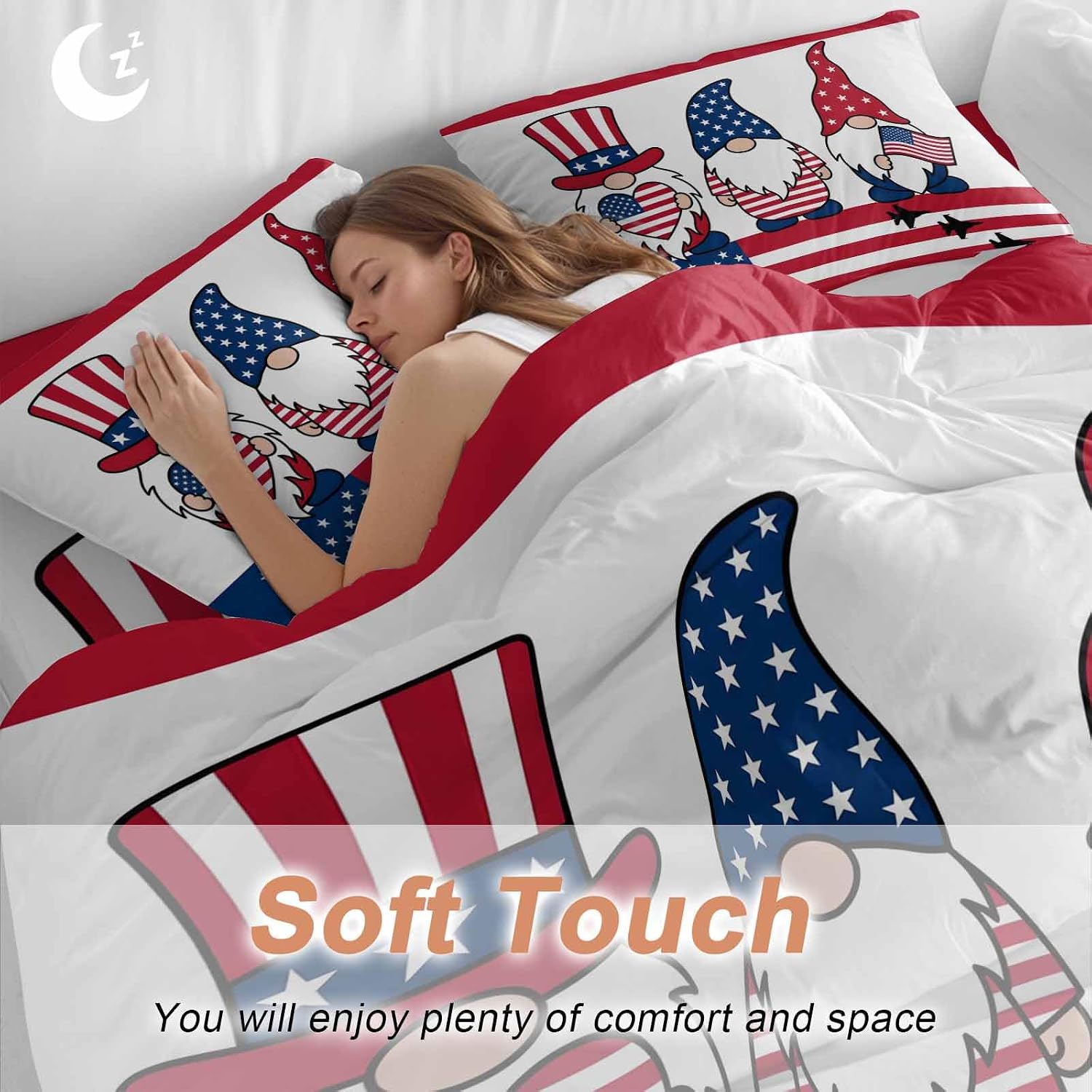 Independence Day Duvet Cover Set Queen Size 4 Pieces Cute Gnome with American Flag Hat Red White Stripes Bedding Set with Zipper Closure, 1 Comforter Cover 86x86 Inches 1 Flat Sheet & 2 Pillow Cases