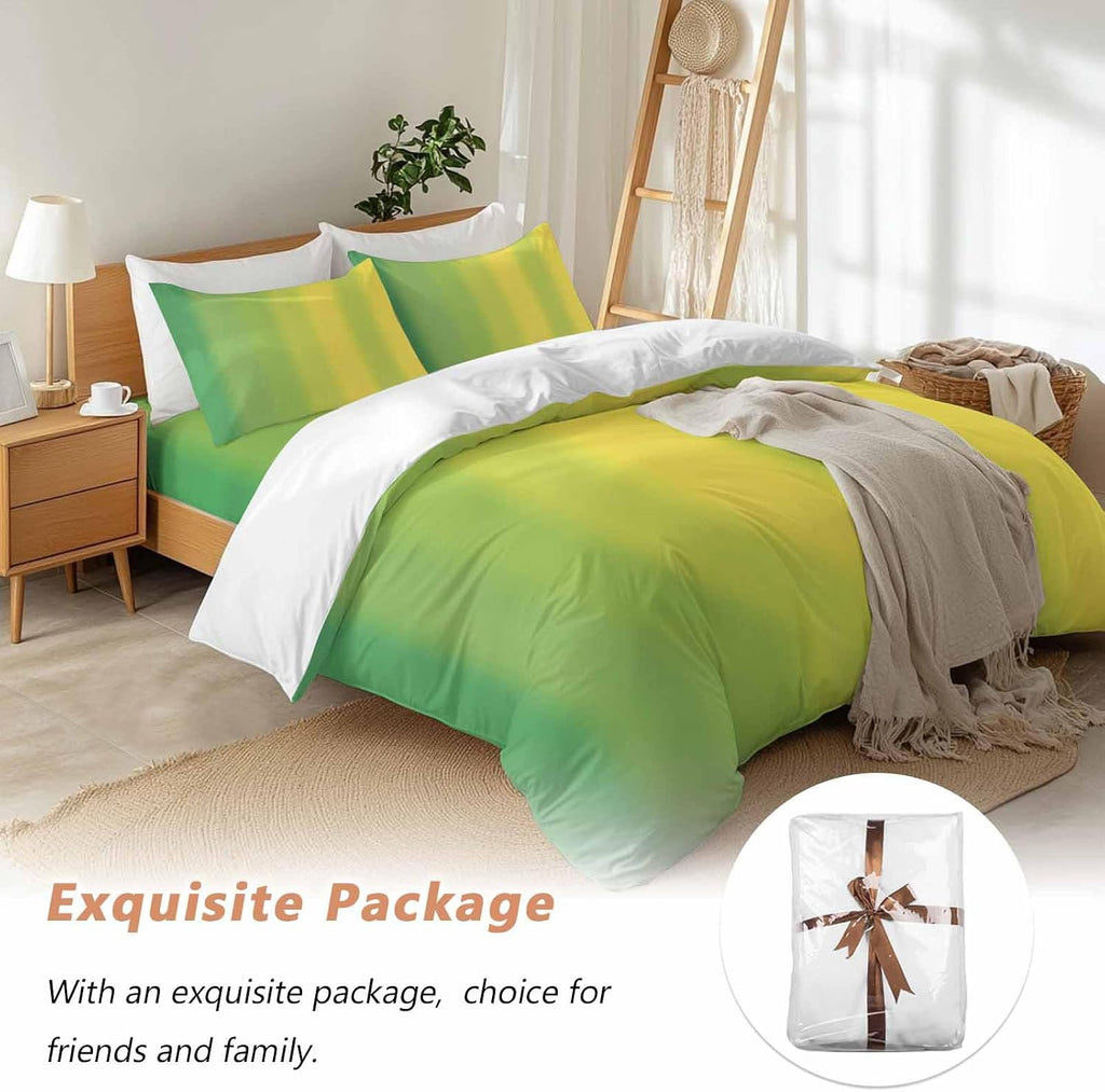 Green and Yellow Ombre Duvet Cover Set Queen Size 4 Pieces Minimalist Gradient Striped Texture Bedding Set with Zipper Closure, 1 Comforter Cover 86x86 Inches 1 Flat Sheet & 2 Pillow Cases