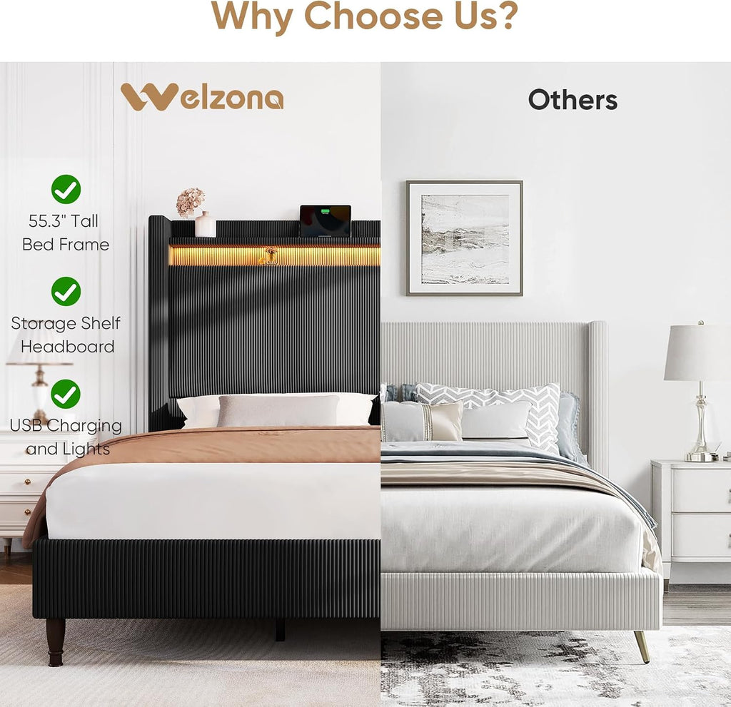 King Size Bed Frame with Tall Headboard, 55.3' Corduroy Upholstered Platform Bedframe with LED Lights & Charging Station, King Beds Wingback Storage Headboard, No Box Spring Needed, Wood Slats, Black