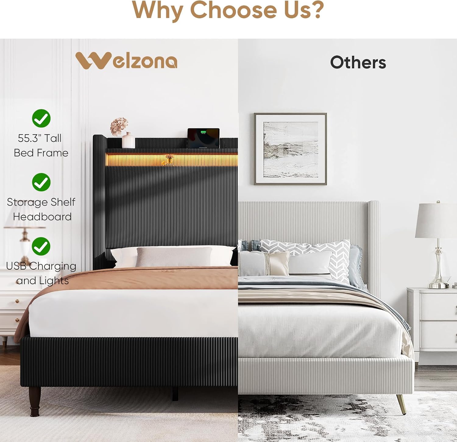 King Size Bed Frame with Tall Headboard, 55.3' Corduroy Upholstered Platform Bedframe with LED Lights & Charging Station, King Beds Wingback Storage Headboard, No Box Spring Needed, Wood Slats, Black