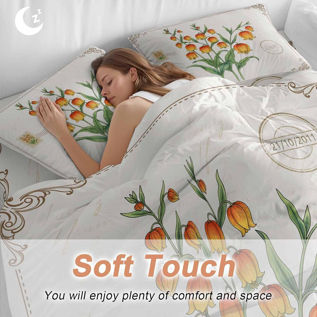 Orange Floral Duvet Cover Set Queen Size 4 Pieces Country Pastoral Watercolor Flowers Green Leaf Bedding Set with Zipper Closure, 1 Comforter Cover 90x92 Inches 1 Flat Sheet & 2 Pillow Cases