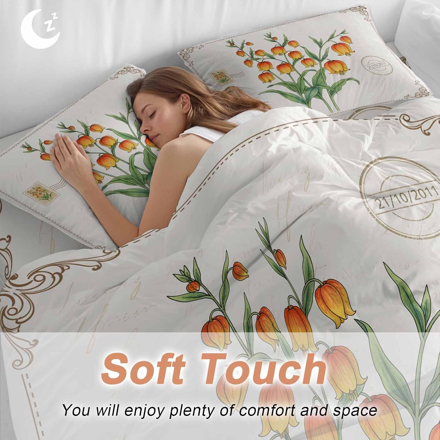 Orange Floral Duvet Cover Set Queen Size 4 Pieces Country Pastoral Watercolor Flowers Green Leaf Bedding Set with Zipper Closure, 1 Comforter Cover 90x92 Inches 1 Flat Sheet & 2 Pillow Cases