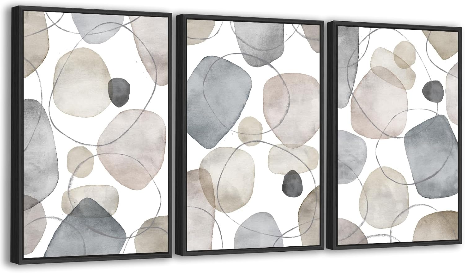 Large Abstract Canvas Wall Art - Geometric Framed Wall Decor Modern Circles and Lines Paintings Light Colors Minimalist Pictures for Living Room Bedroom Office Bathroom 24' X 36' X 3 Panels