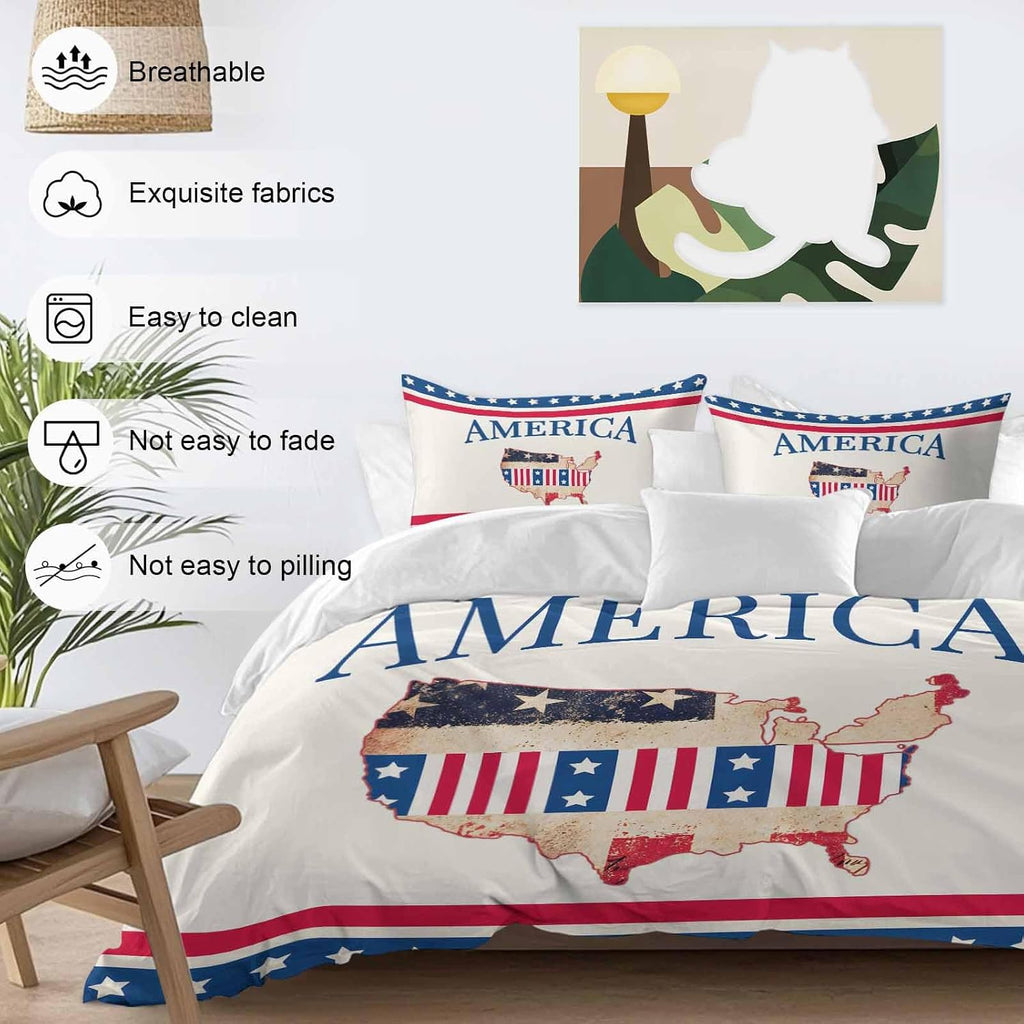 Independence Day Duvet Cover Set Queen Size 4 Pieces American Flag Retro Map Beige Background Red Stripes Bedding Set with Zipper Closure, 1 Comforter Cover 86x86 Inches 1 Flat Sheet & 2 Pillow Cases