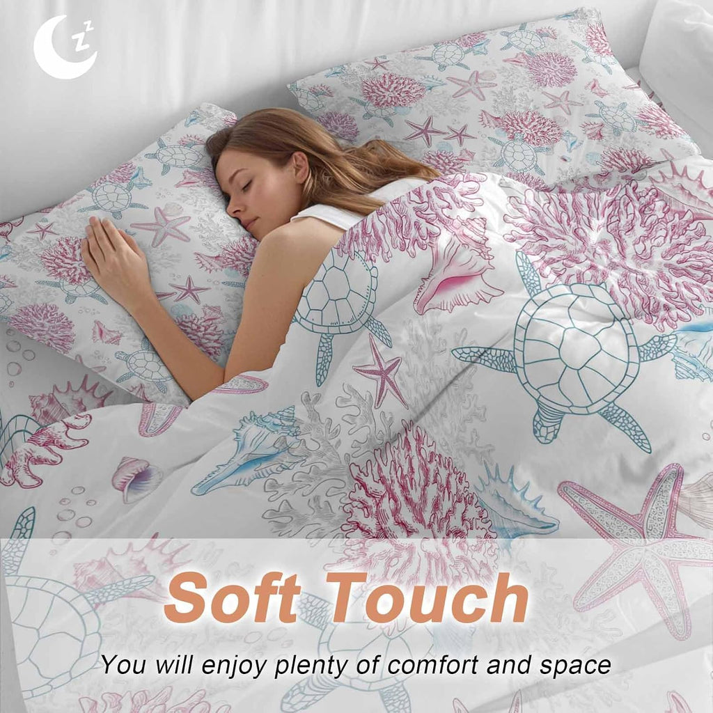 Summer Marine Life Duvet Cover Set Queen Size 4 Pieces Ocean Starfish Coral Coastal Sea Turtle Pink Bedding Set with Zipper Closure, 1 Comforter Cover 86x86 Inches 1 Flat Sheet & 2 Pillow Cases