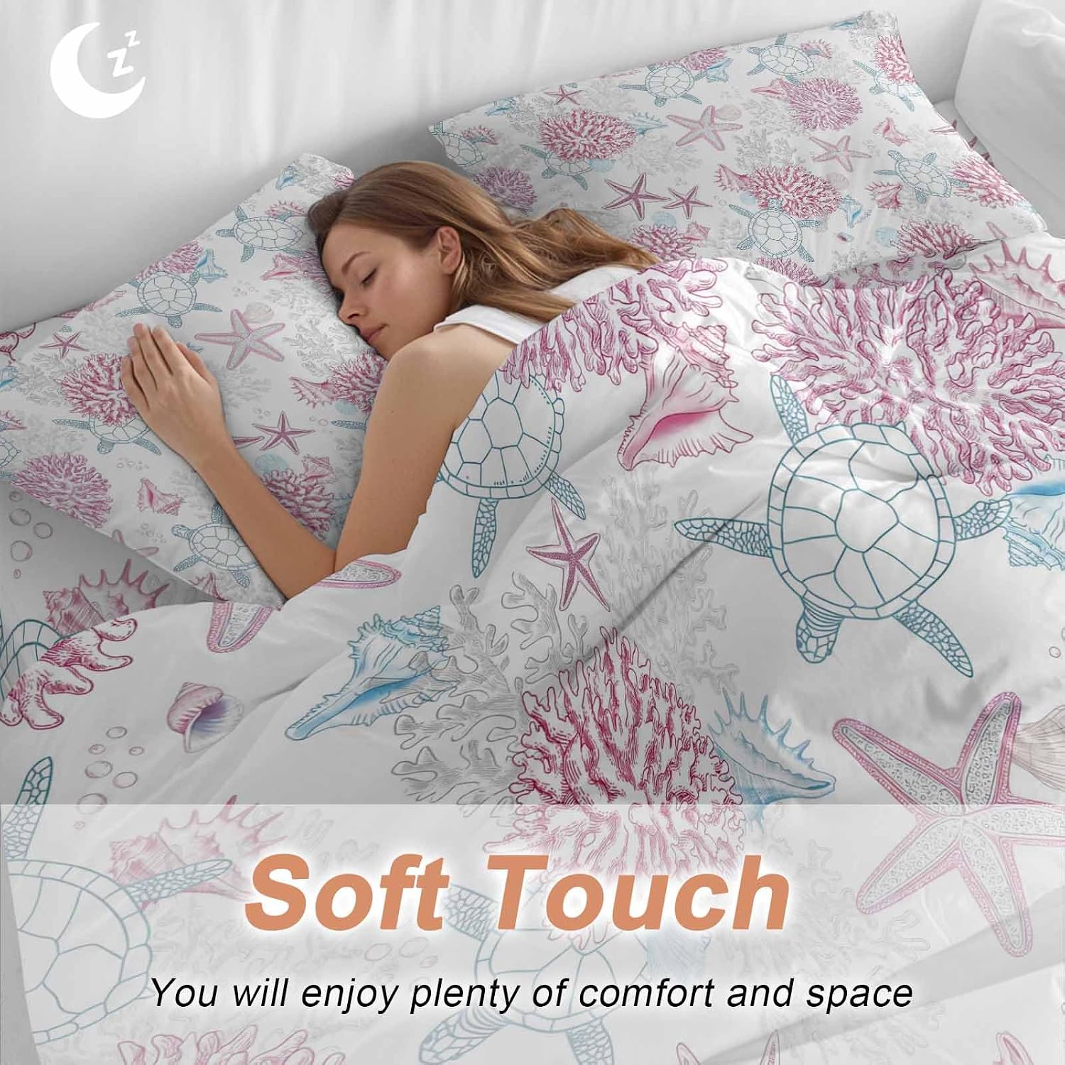 Summer Marine Life Duvet Cover Set Queen Size 4 Pieces Ocean Starfish Coral Coastal Sea Turtle Pink Bedding Set with Zipper Closure, 1 Comforter Cover 86x86 Inches 1 Flat Sheet & 2 Pillow Cases