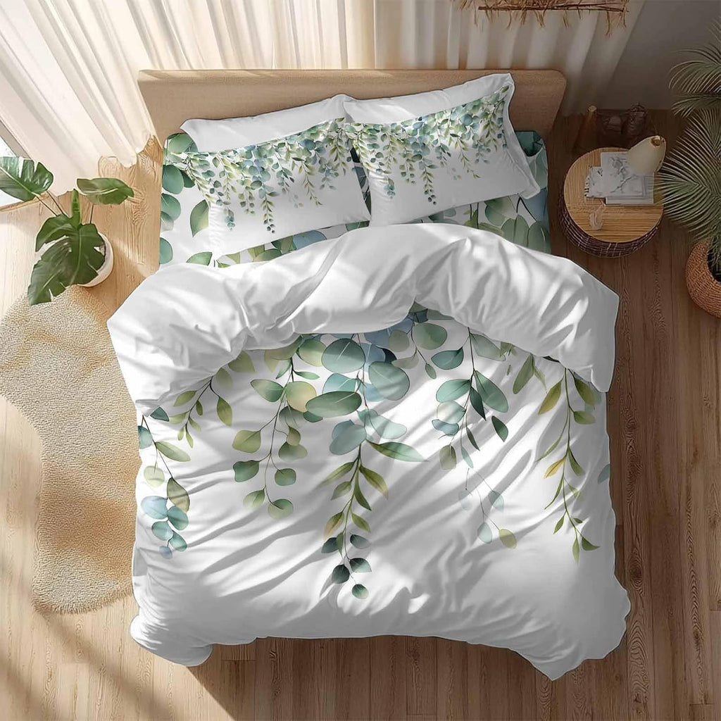 Prime Leader Green Leaves Duvet Cover Set Queen Size 4 Pieces Eucalyptus Leaf Watercolor Plant Botanical Bedding Set with Zipper Closure, 1 Comforter Cover 90x92 Inches 1 Flat Sheet & 2 Pillow Cases