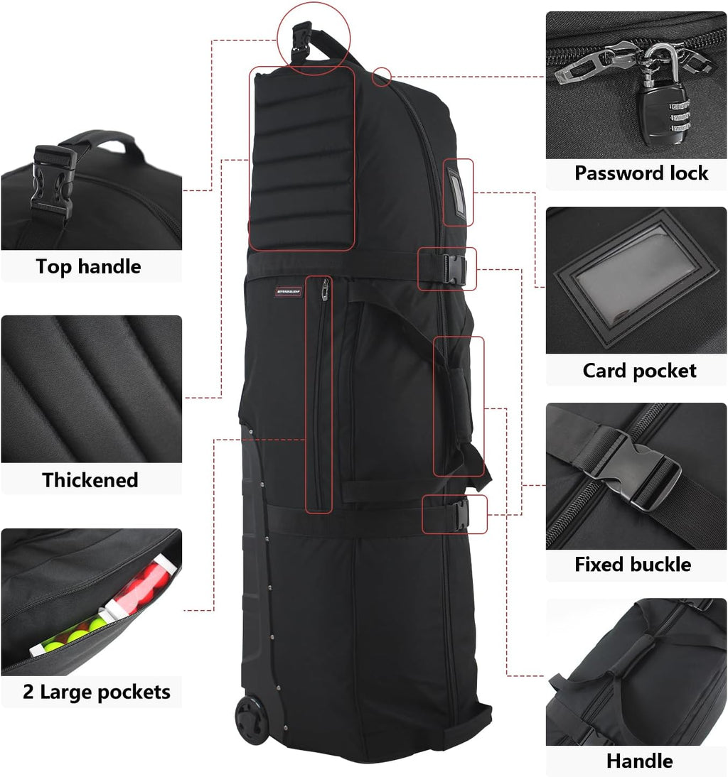 Wheeled Golf Travel Bag with Stand, Adjustable 2 or 4 Wheels, Thickened Padded Protection, Rolling Travel Case with Handles, with Password Lock Zipper, for Airlines