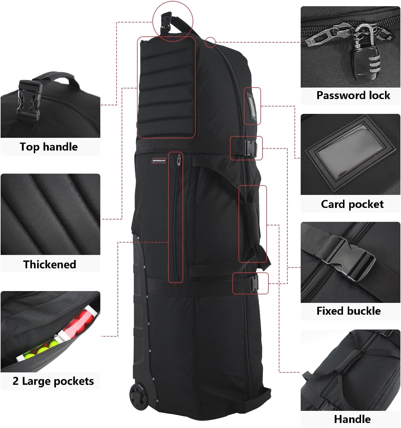 Wheeled Golf Travel Bag with Stand, Adjustable 2 or 4 Wheels, Thickened Padded Protection, Rolling Travel Case with Handles, with Password Lock Zipper, for Airlines