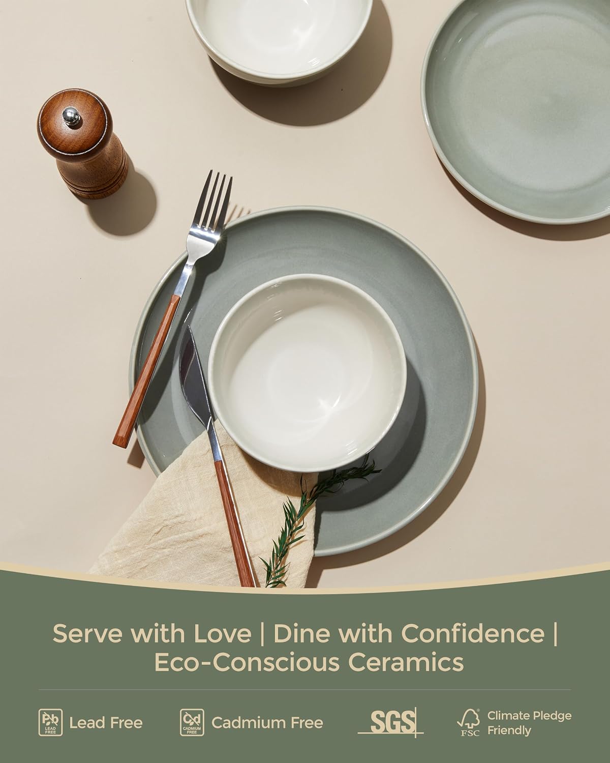 Pokini Plates and Bowls Sets for 8, 24 Piece Dinnerware Set for Large Families & Entertaining, Elegant Design, Dishwasher & Microwave Safe, Chip Resistant and Durable, Gray Green