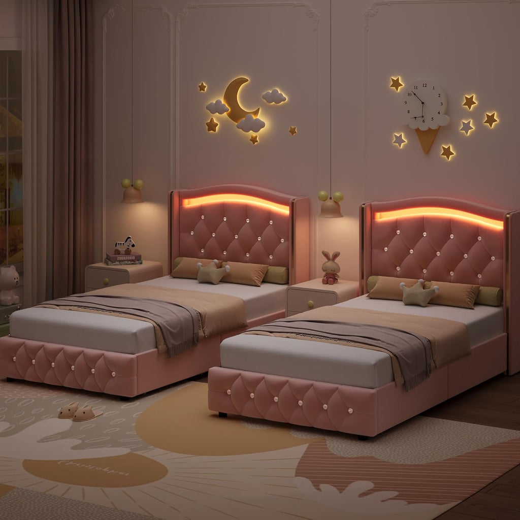 HIFIT Upholstered Twin LED Bed Frame with Crystal Button-Tufted Headboard and 4 Storage Drawers, Velvet Princess Twin Size Platform Bed Frames for Kids/Girls, No Box Spring Needed, Easy Assembly, Pink