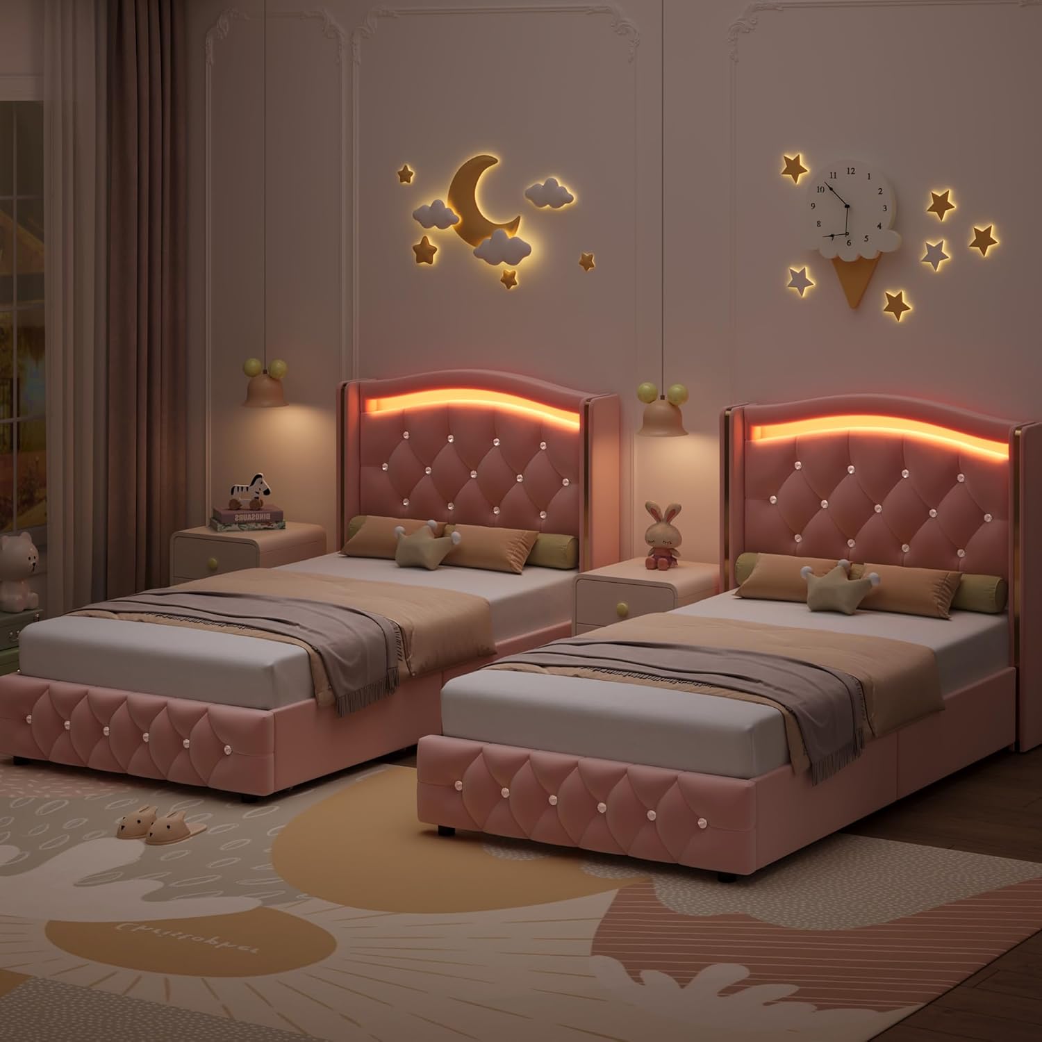HIFIT Upholstered Twin LED Bed Frame with Crystal Button-Tufted Headboard and 4 Storage Drawers, Velvet Princess Twin Size Platform Bed Frames for Kids/Girls, No Box Spring Needed, Easy Assembly, Pink