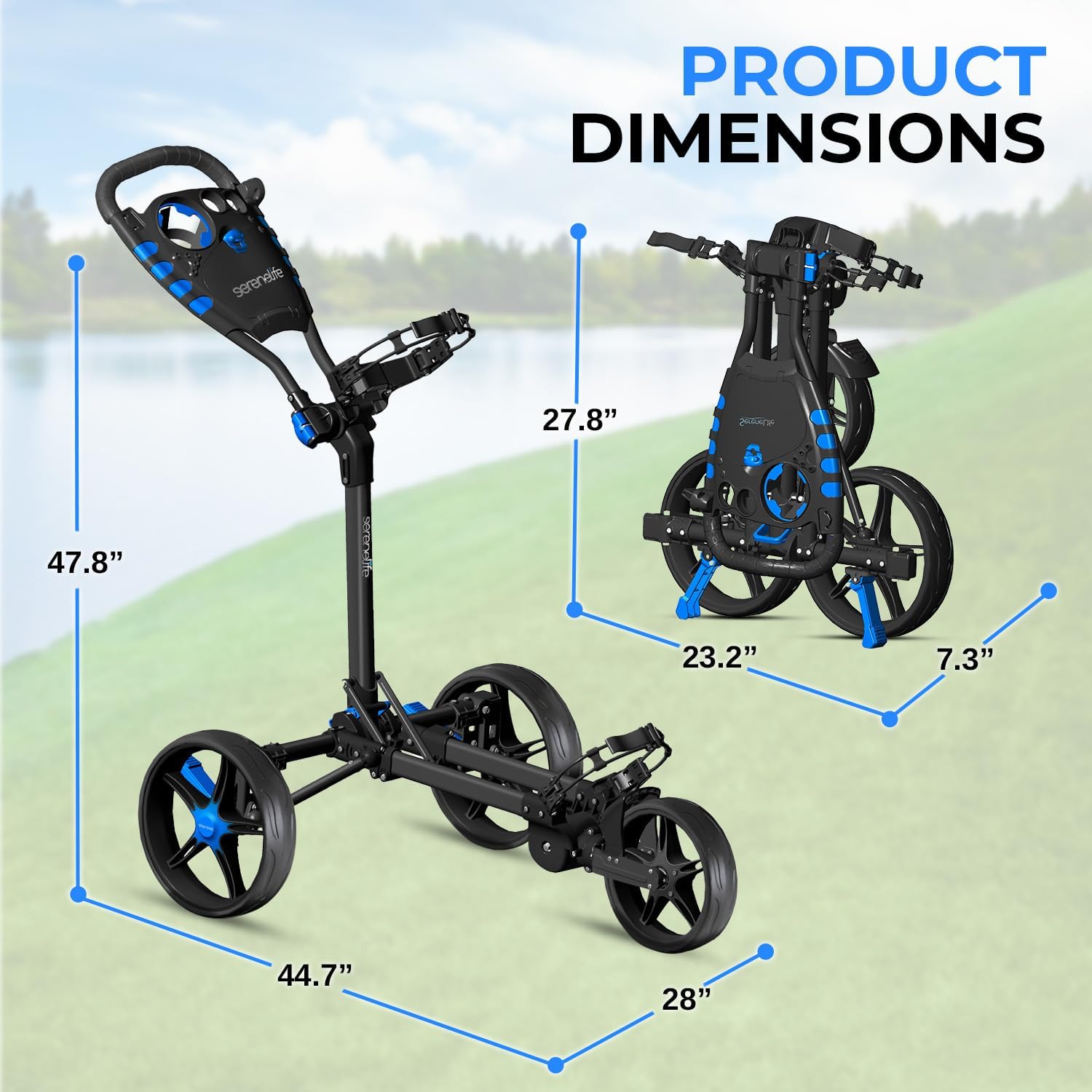 SereneLife Golf Cart Lightweight Foldable Golf Push Cart - Aluminum Folding Trolley with Adjustable Handle, Elastic Bag Straps, Dual Brakes, Scorecard & Cup Holders for Easy Maneuverability
