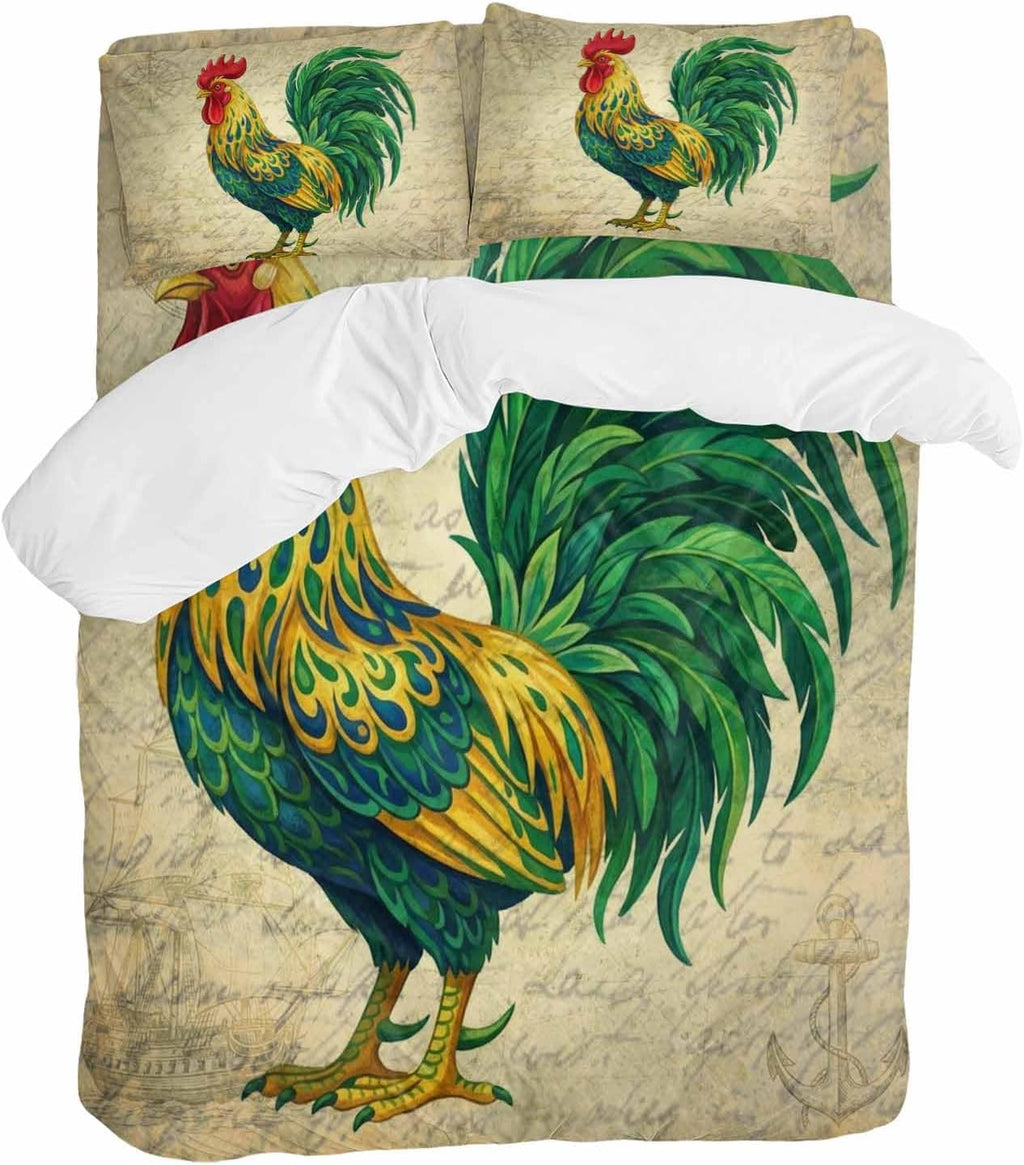 Prime Leader Retro Chicken Duvet Cover Set Queen Size 4 Pieces Farm Rooster Vintage Paper Country Animal Bedding Set with Zipper Closure, 1 Comforter Cover 86x86 Inches 1 Flat Sheet & 2 Pillow Cases