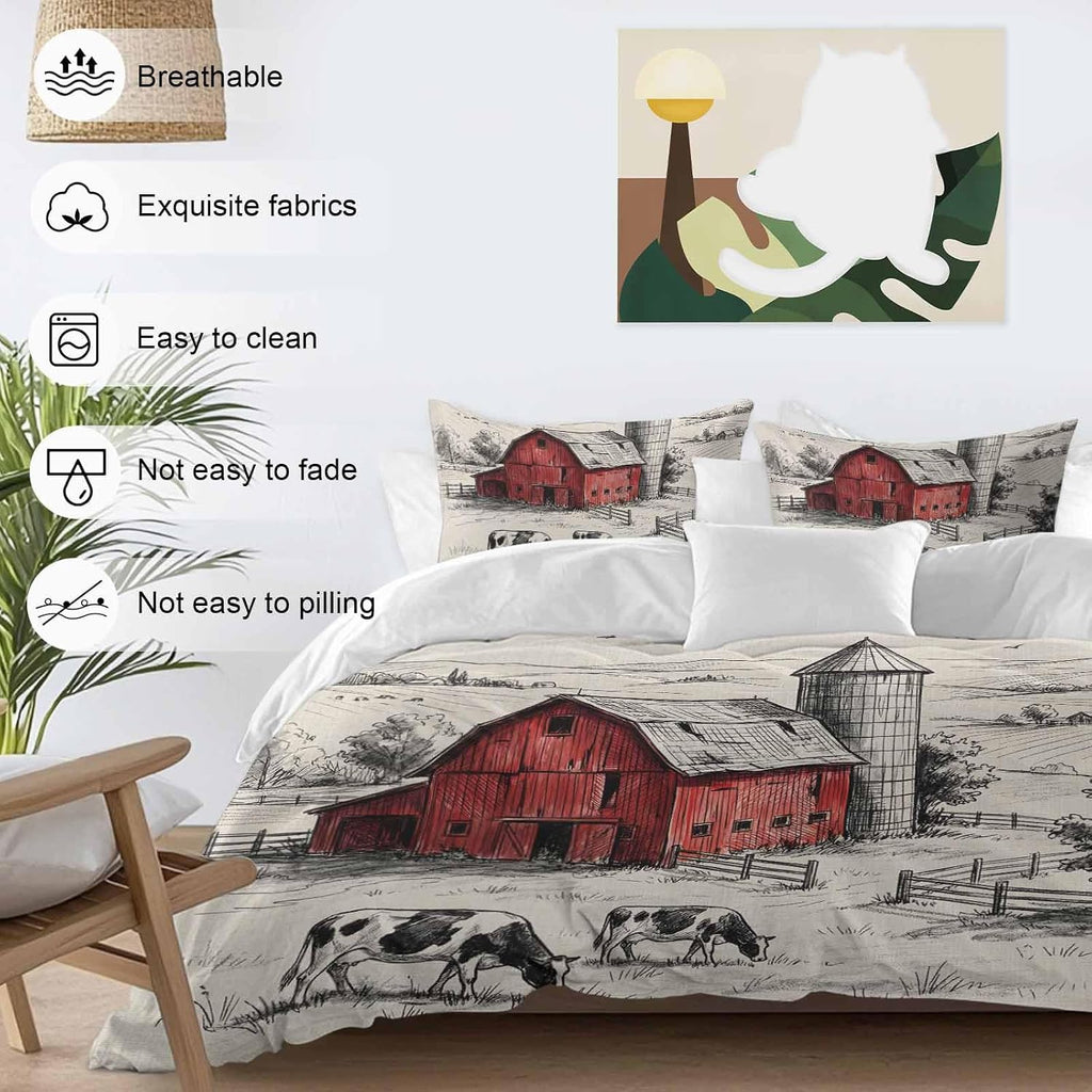 Farmhouse Duvet Cover Set Queen Size 4 Pieces Pastoral Landscape Watercolor Barn Farm Dairy Cow Retro Bedding Set with Zipper Closure, 1 Comforter Cover 90x92 Inches 1 Flat Sheet & 2 Pillow Cases