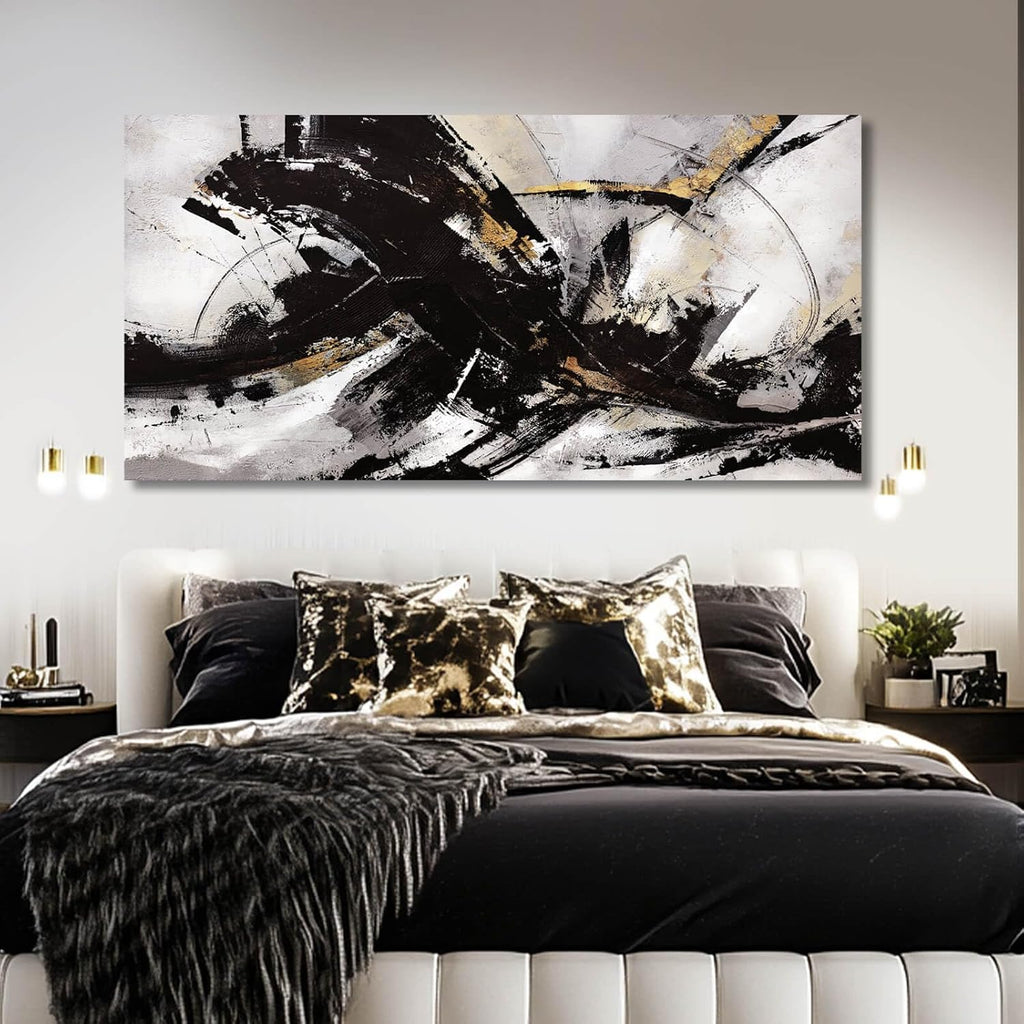 Abstract Wall Art for Living Room Canvas Wall Decor Large Artwork Black And Gold Wall Decorations Black Pictures for Wall 29'x58'