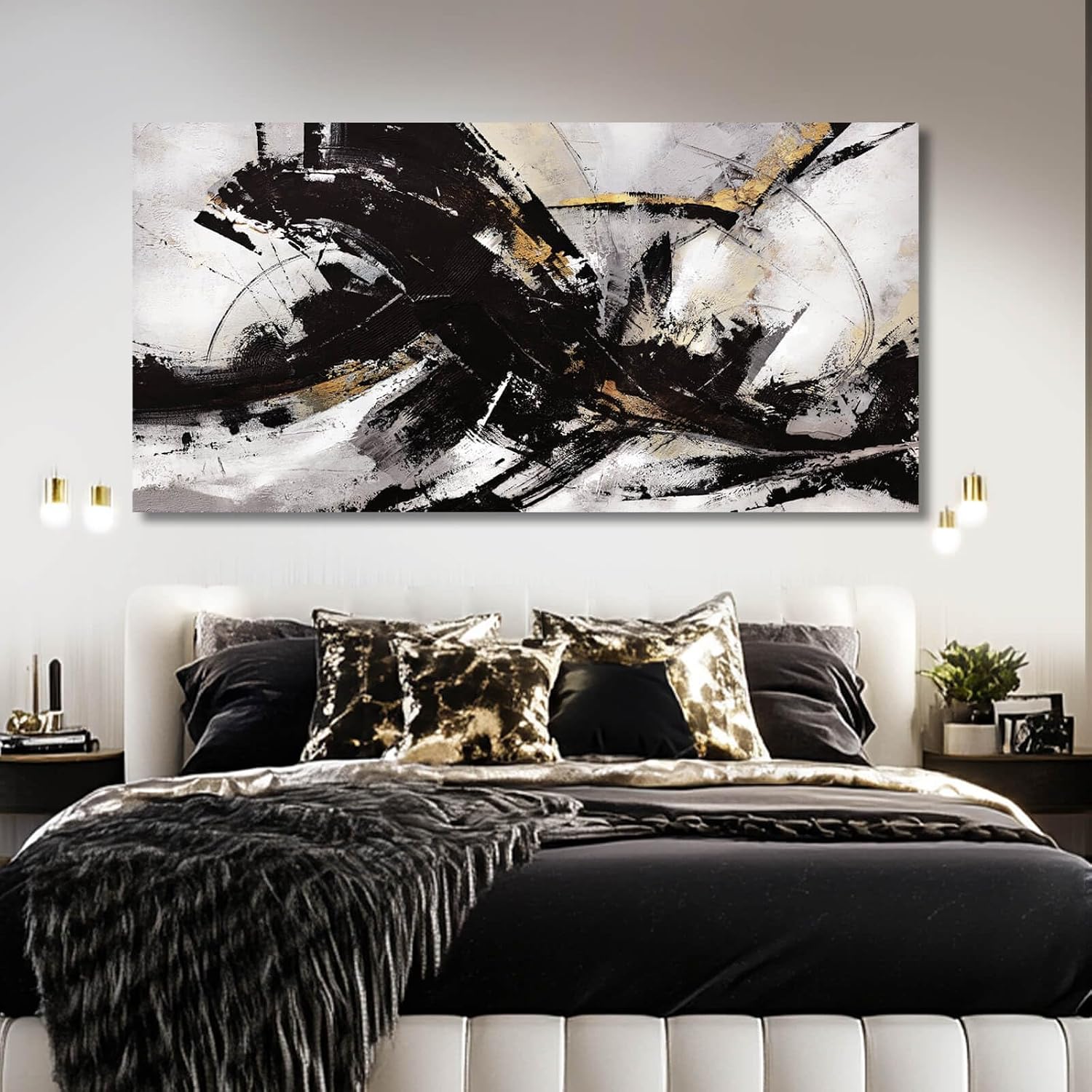 Abstract Wall Art for Living Room Canvas Wall Decor Large Artwork Black And Gold Wall Decorations Black Pictures for Wall 29'x58'