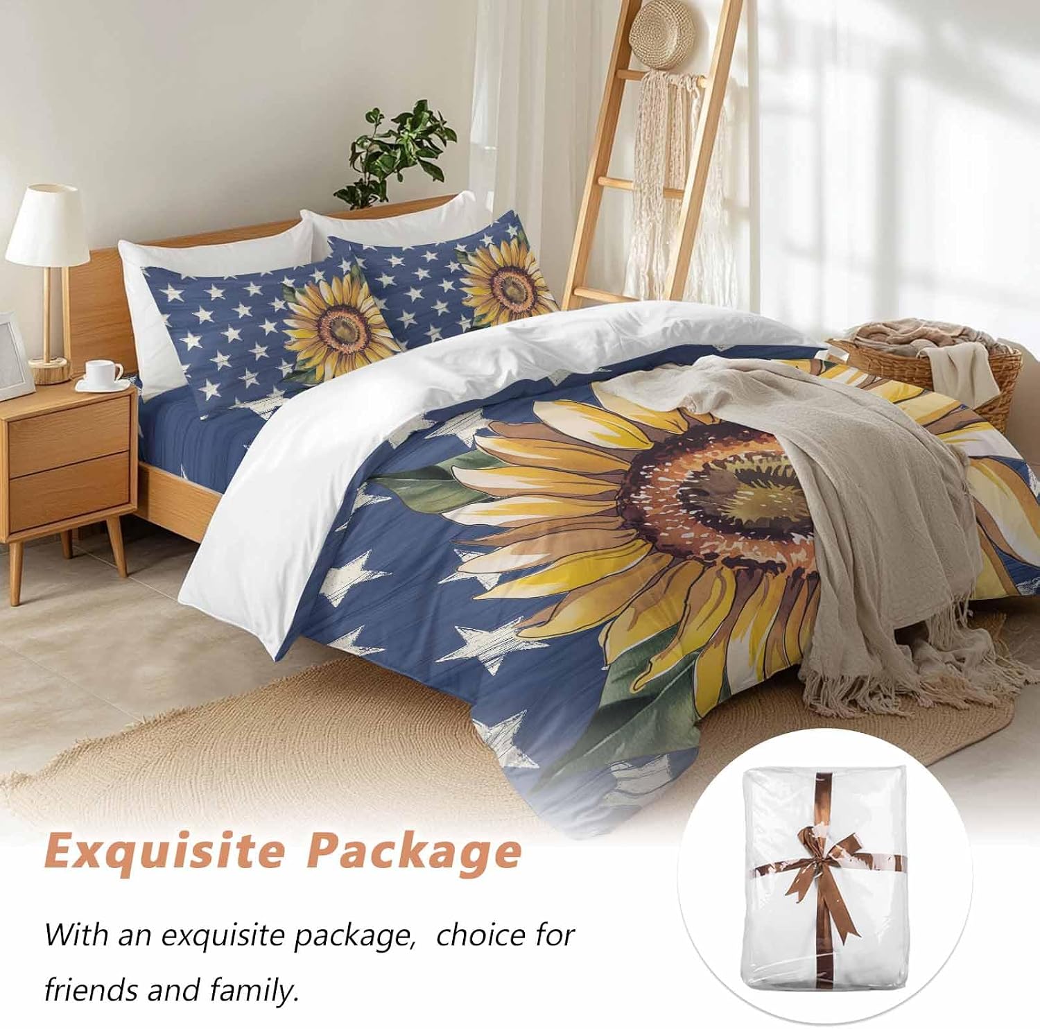 Prime Leader Independence Day Duvet Cover Set Queen Size 4 Pieces Hand Panted Sunflowers Countryside Star Bedding Set with Zipper Closure, 1 Comforter Cover 90x92 Inches 1 Flat Sheet & 2 Pillow Cases