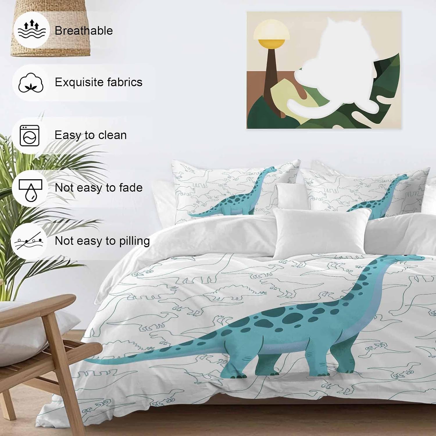 Prime Leader Green Dinosaur Duvet Cover Set Queen Size 4 Pieces Sketching Edges Dinosaur Cartoon Animal Bedding Set with Zipper Closure, 1 Comforter Cover 86x86 Inches 1 Flat Sheet & 2 Pillow Cases