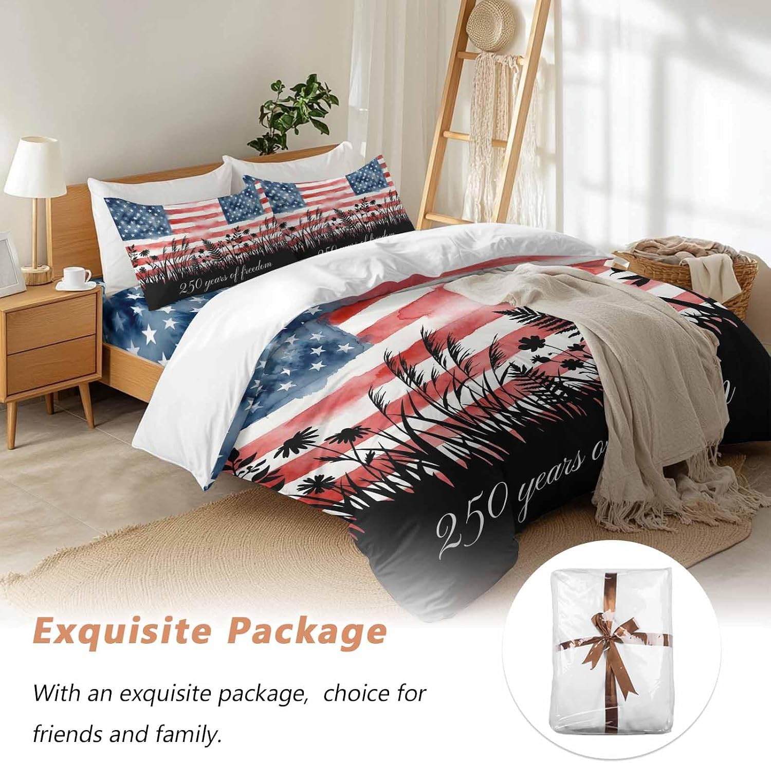 250 Years of Freedom Duvet Cover Set Queen Size 4 Pieces Watercolor America Flag Plant Fower Bedding Set with Zipper Closure, 1 Comforter Cover 92x106 Inches 1 Flat Sheet & 2 Pillow Cases