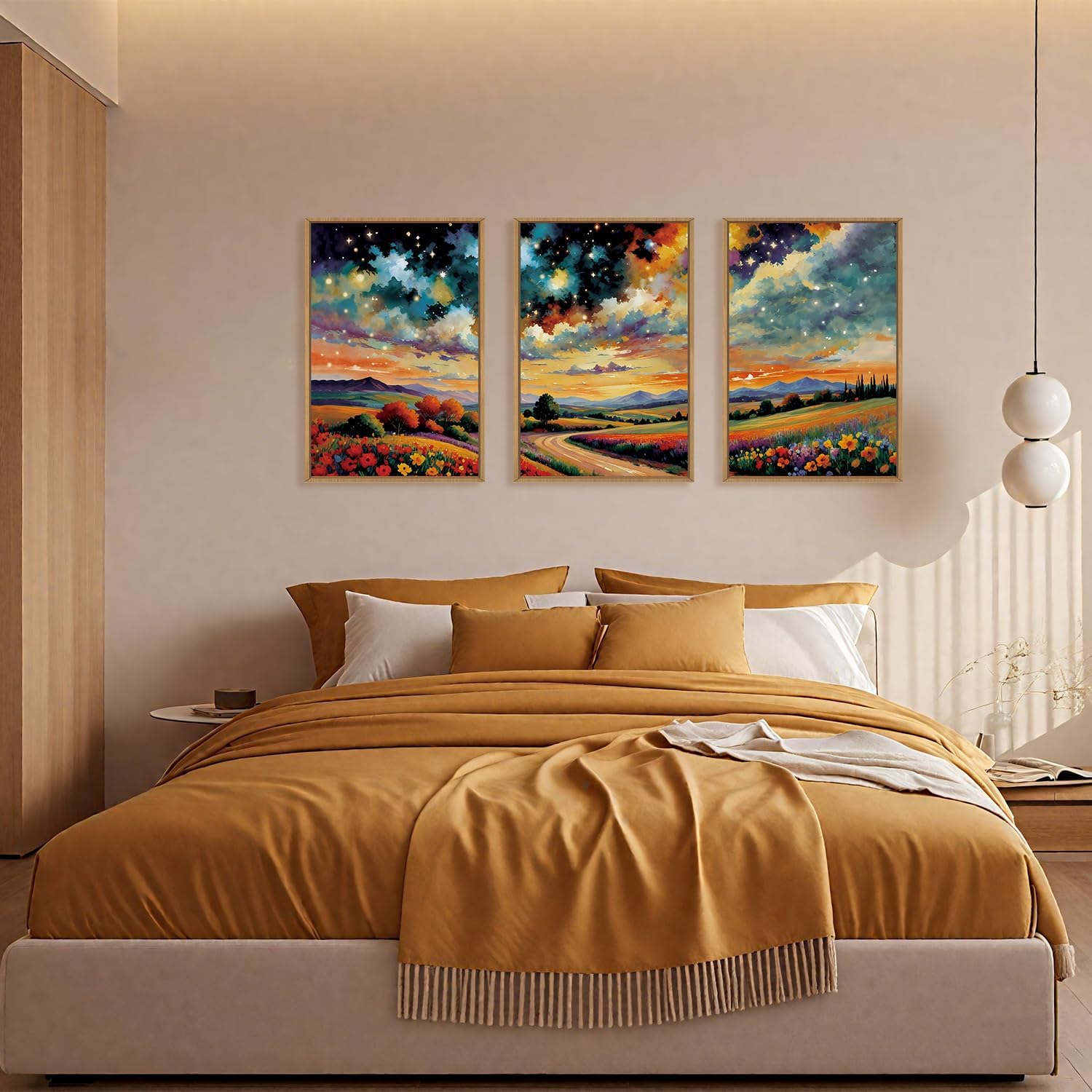 Large Abstract Mountain Flower Framed Canvas Wall Art,Colorful Starry Night Wall Decor,Retro Natural Wildflower Wall Painting,Field Artwork for Living Room,Bedroom,Dining Room,Office -24'x36'x3