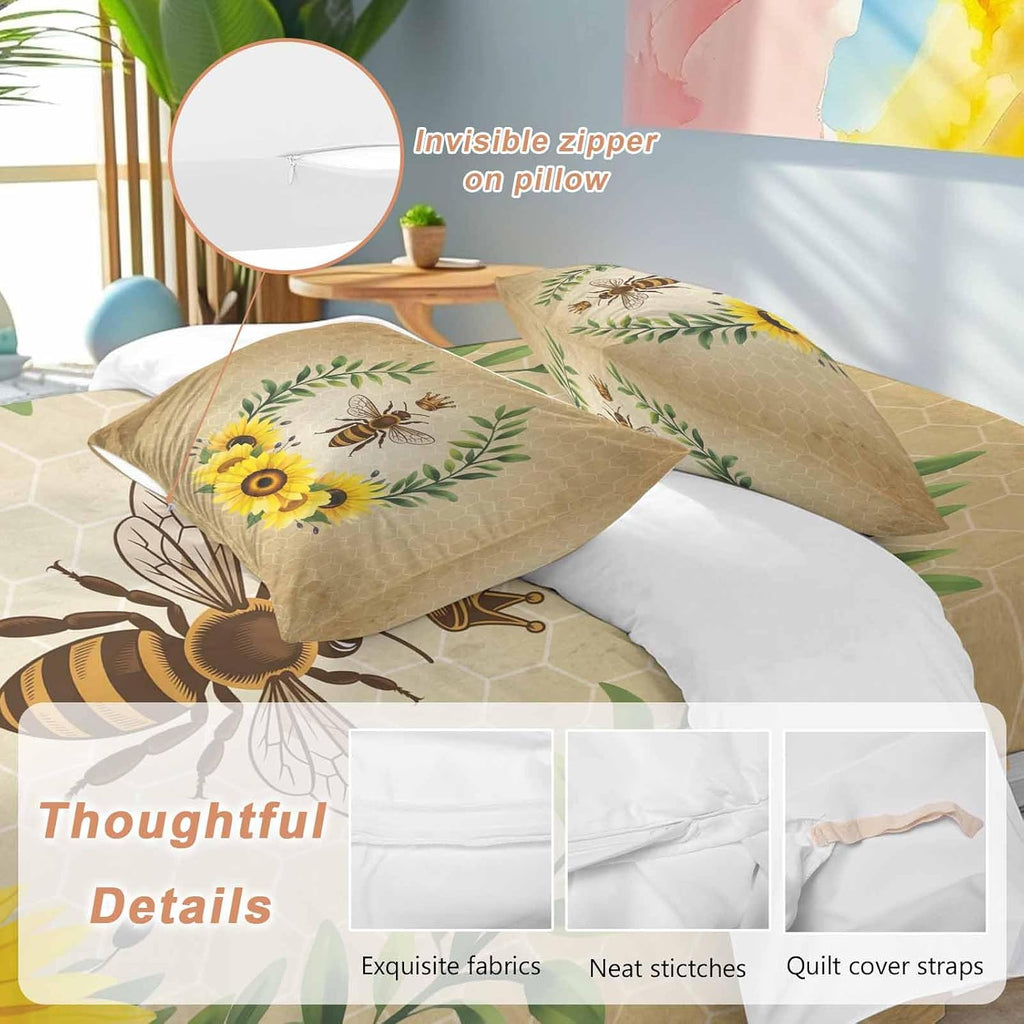 Vintage Crown Bee Duvet Cover Set Queen Size 4 Pieces Country Sunflowers Green Leaves Honeycomb Bedding Set with Zipper Closure, 1 Comforter Cover 86x86 Inches 1 Flat Sheet & 2 Pillow Cases