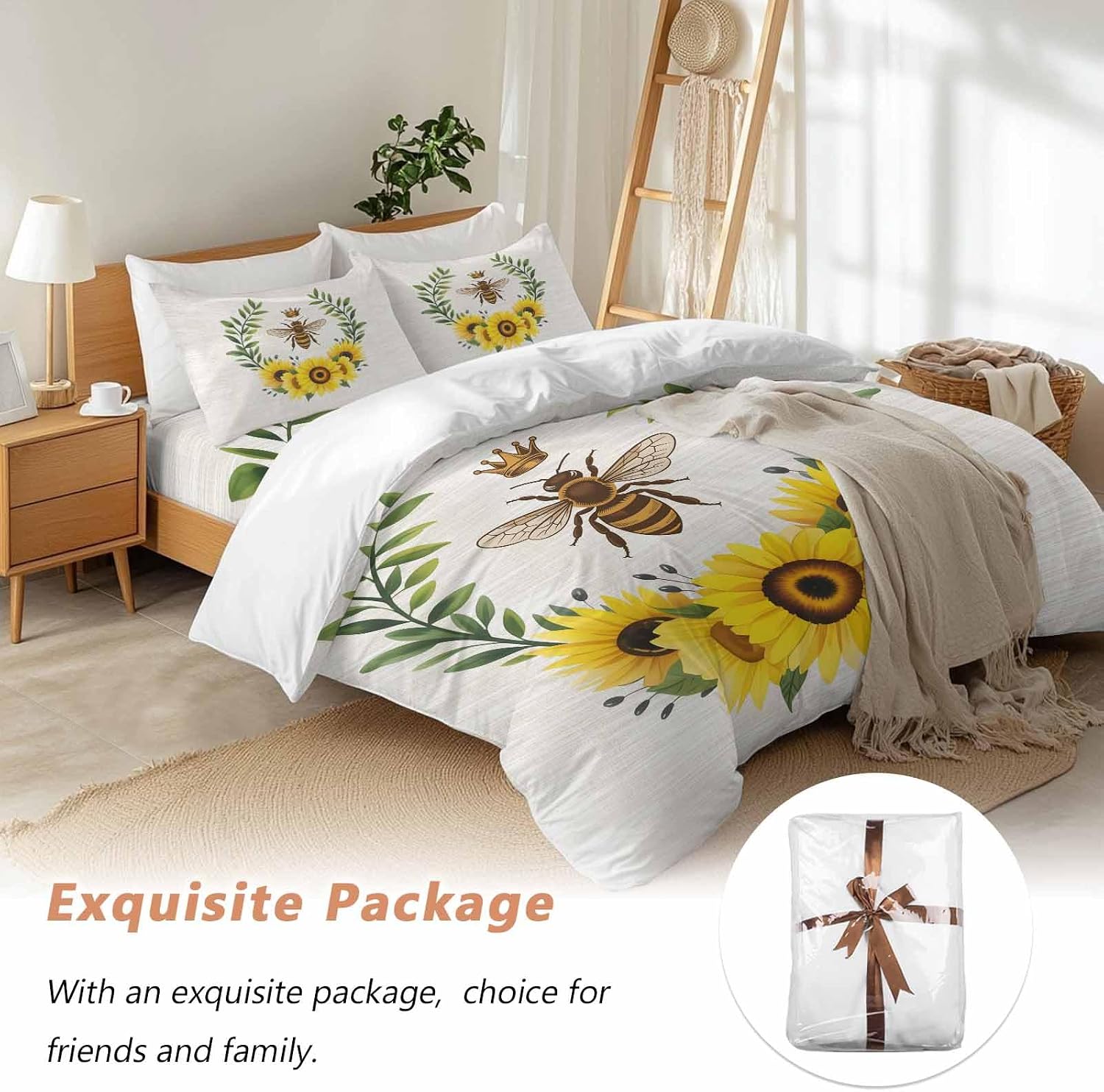 Retro Crown Bee Duvet Cover Set Queen Size 4 Pieces Country Sunflowers Green Leaves Wood Grain Bedding Set with Zipper Closure, 1 Comforter Cover 92x106 Inches 1 Flat Sheet & 2 Pillow Cases