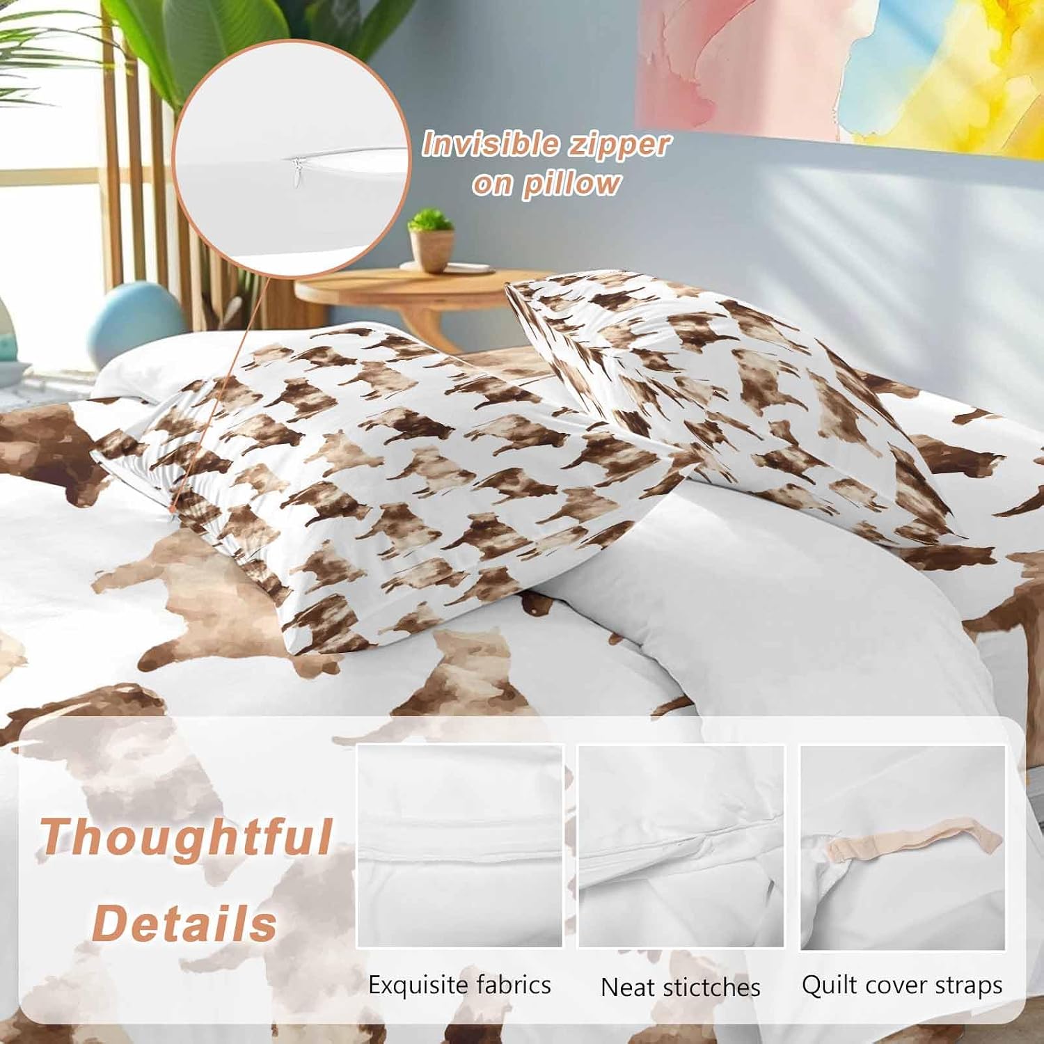 Farmhouse Cow Duvet Cover Set Queen Size 4 Pieces Watercolors Beige Brown Rustic Farm Animal Bedding Set with Zipper Closure, 1 Comforter Cover 92x106 Inches 1 Flat Sheet & 2 Pillow Cases