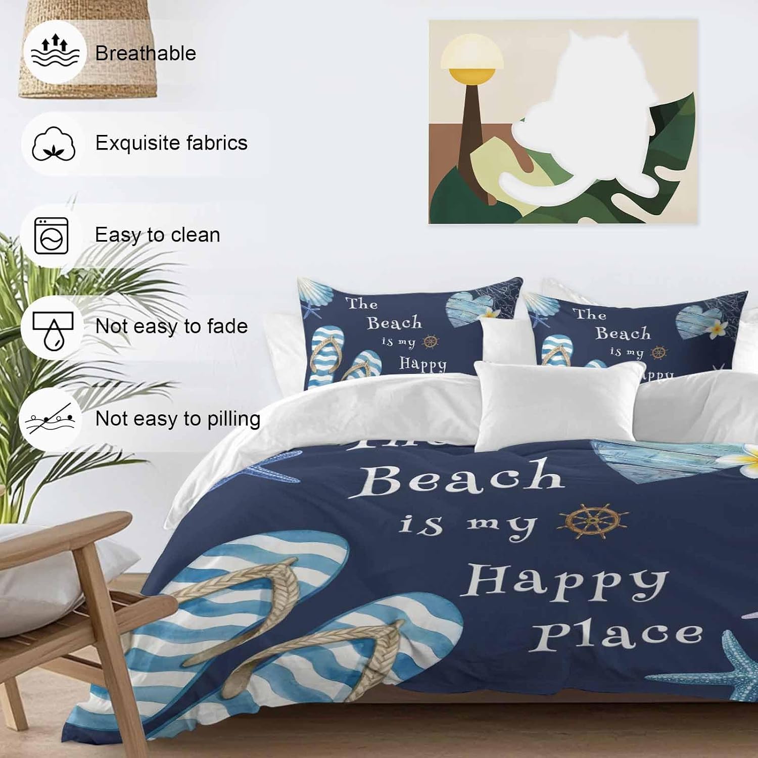 The Beach Is My Happy Place Duvet Cover Set Queen Size 4 Pieces Summer Ocean Blue Slippers Starfish Shell Bedding Set with Zipper Closure, 1 Comforter Cover 86x86 Inches 1 Flat Sheet & 2 Pillow Cases
