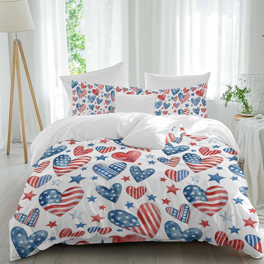 Independence Day Duvet Cover Set Queen Size 4 Pieces U. S. Flag Themed Love Heart Five-Pointed Stars Bedding Set with Zipper Closure, 1 Comforter Cover 90x92 Inches 1 Flat Sheet & 2 Pillow Cases