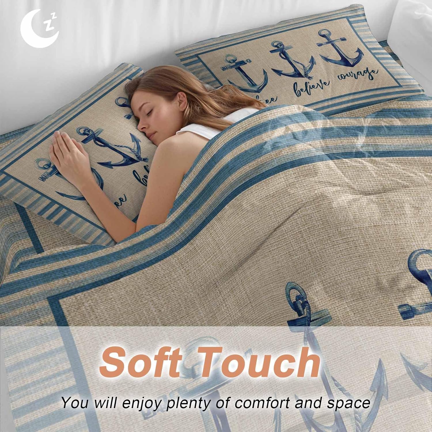 Summer Ocean Duvet Cover Set Queen Size 4 Pieces Blue Stripes Anchor Free Believe Courage Linen Bedding Set with Zipper Closure, 1 Comforter Cover 86x86 Inches 1 Flat Sheet & 2 Pillow Cases