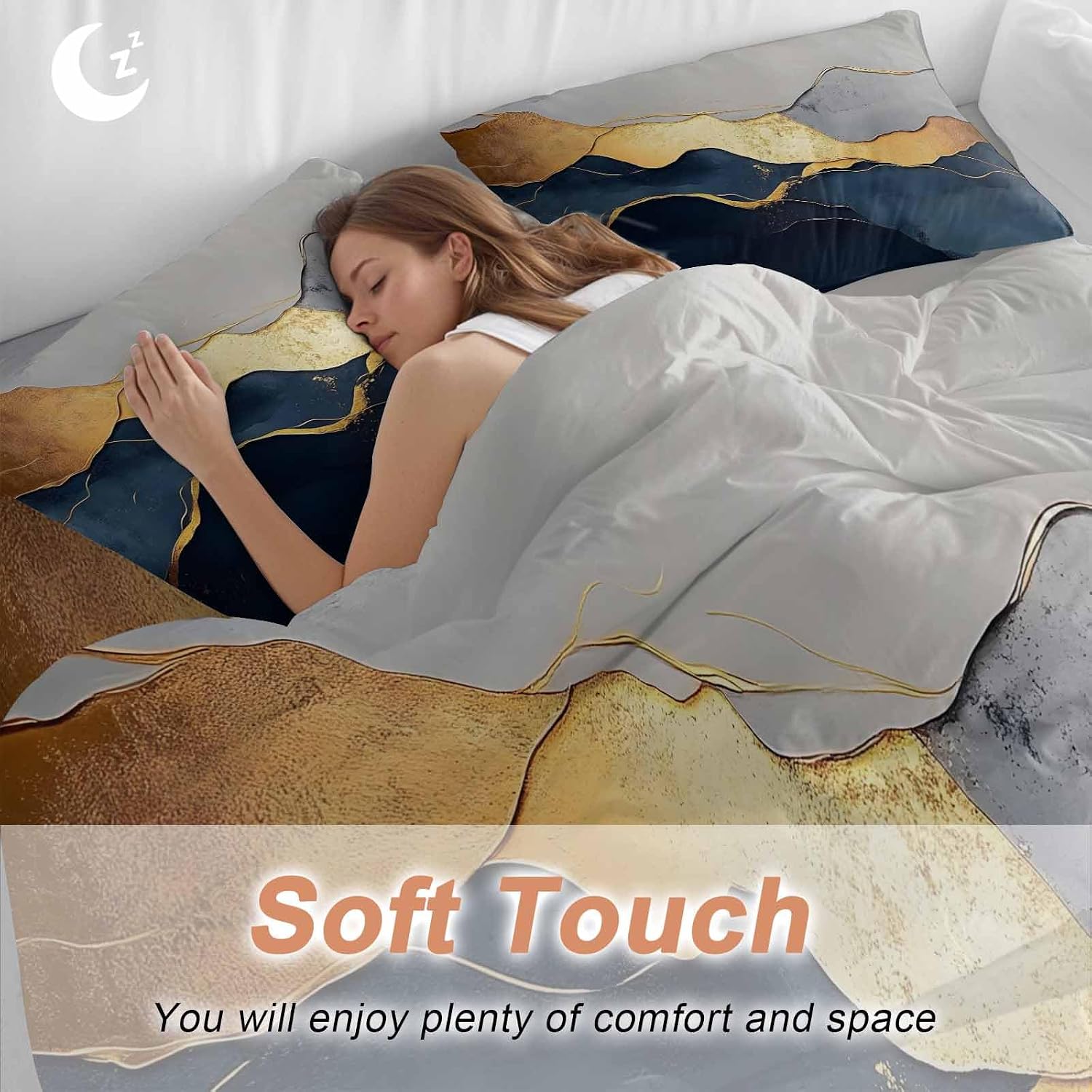 Prime Leader Abstract Impressionist Style Duvet Cover Set Queen Size 4 Pieces Gold Navy Blue Color Block Bedding Set with Zipper Closure, 1 Comforter Cover 92x106 Inches 1 Flat Sheet & 2 Pillow Cases