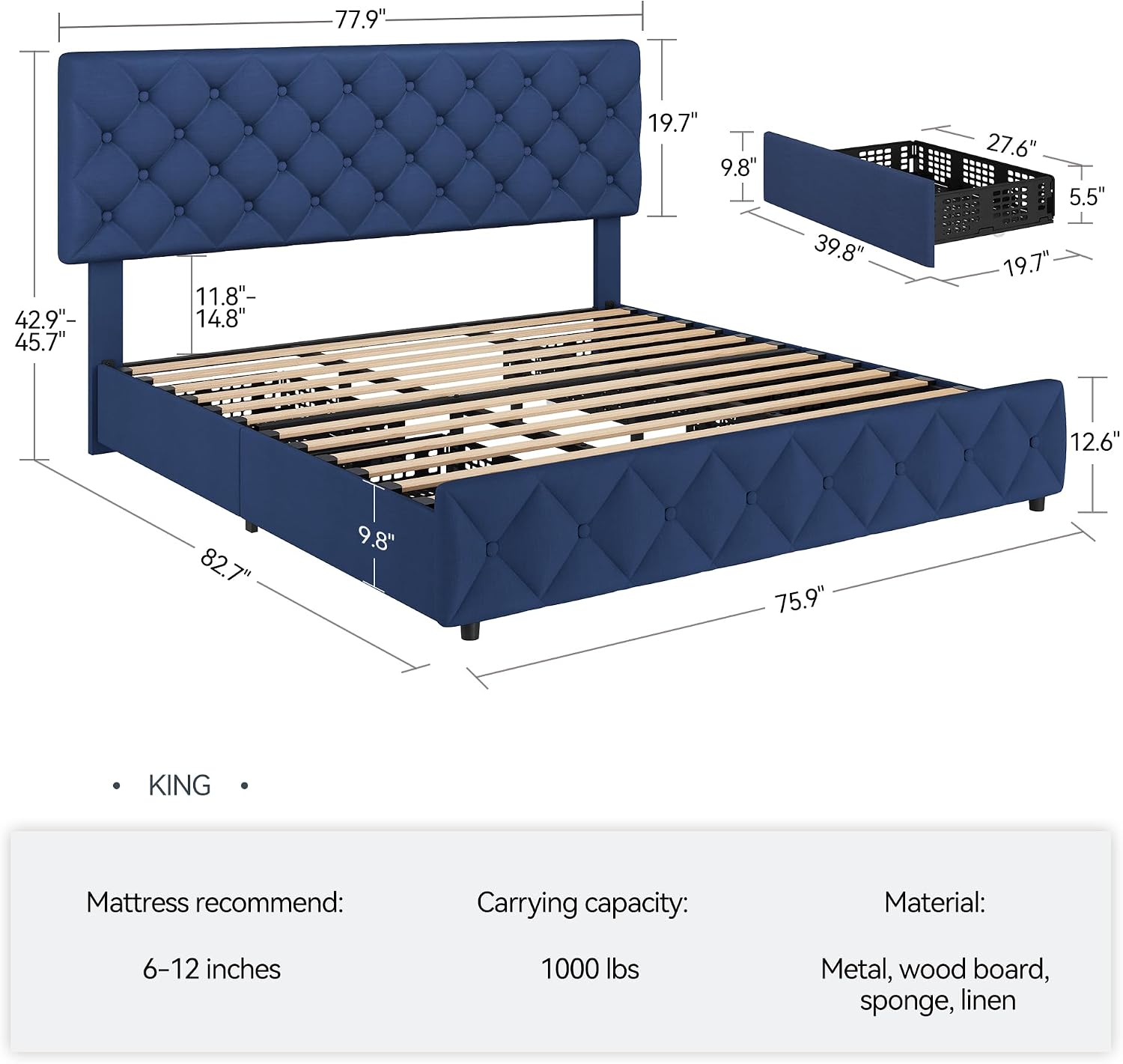 IDEALHOUSE King Size Bed Frame with 4 Storage Drawers and Adjustable Headboard, Linen Upholstered Platform Beds, Diamond Stitched Button Tufted, No Box Spring Needed, Blue