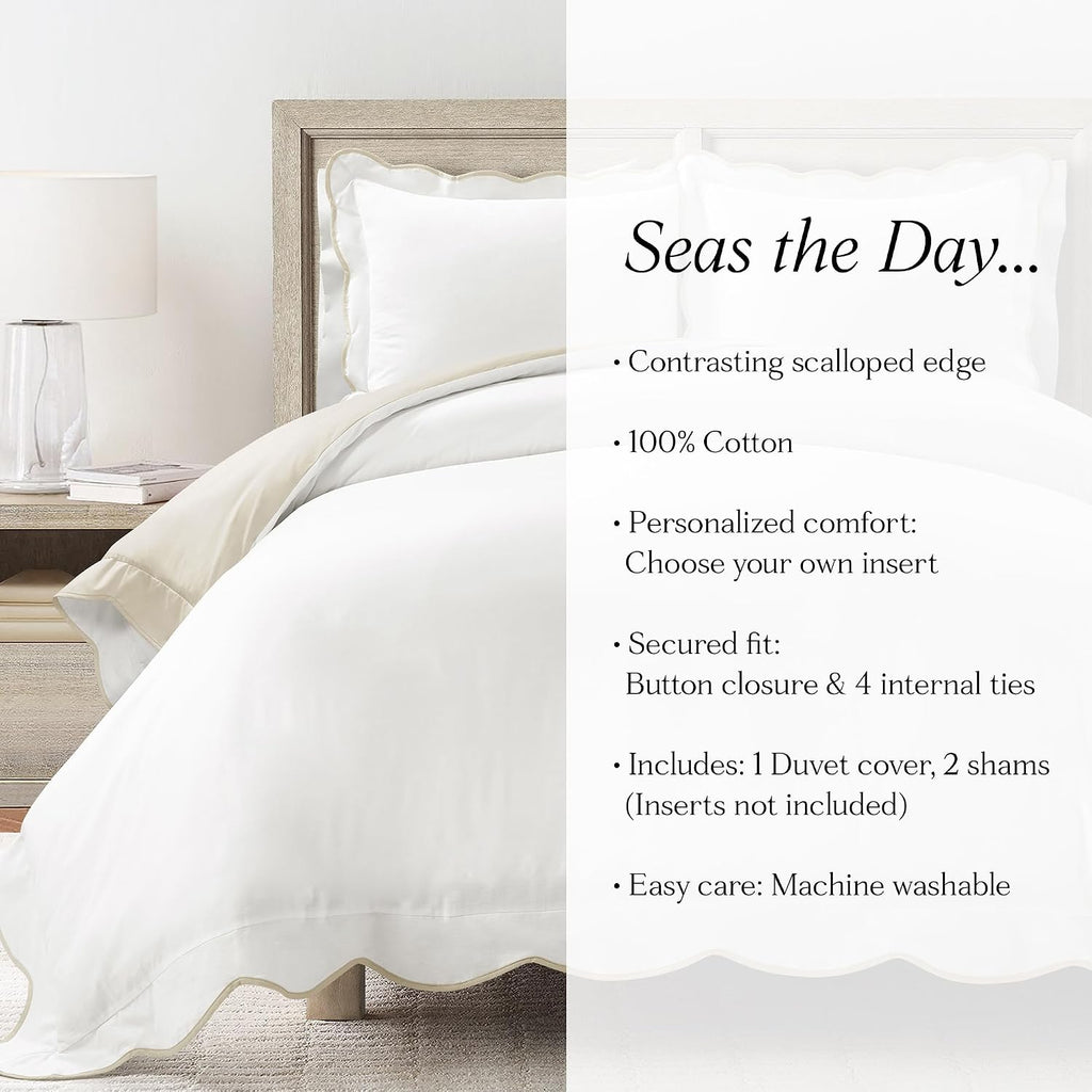 Lush Decor Coastal Chic Scalloped Edge Cotton Duvet Cover Set, 3 Piece Set, Full/Queen, Neutral & White - Queen Bedding Set - White Duvet Cover Queen - Coastal Decor