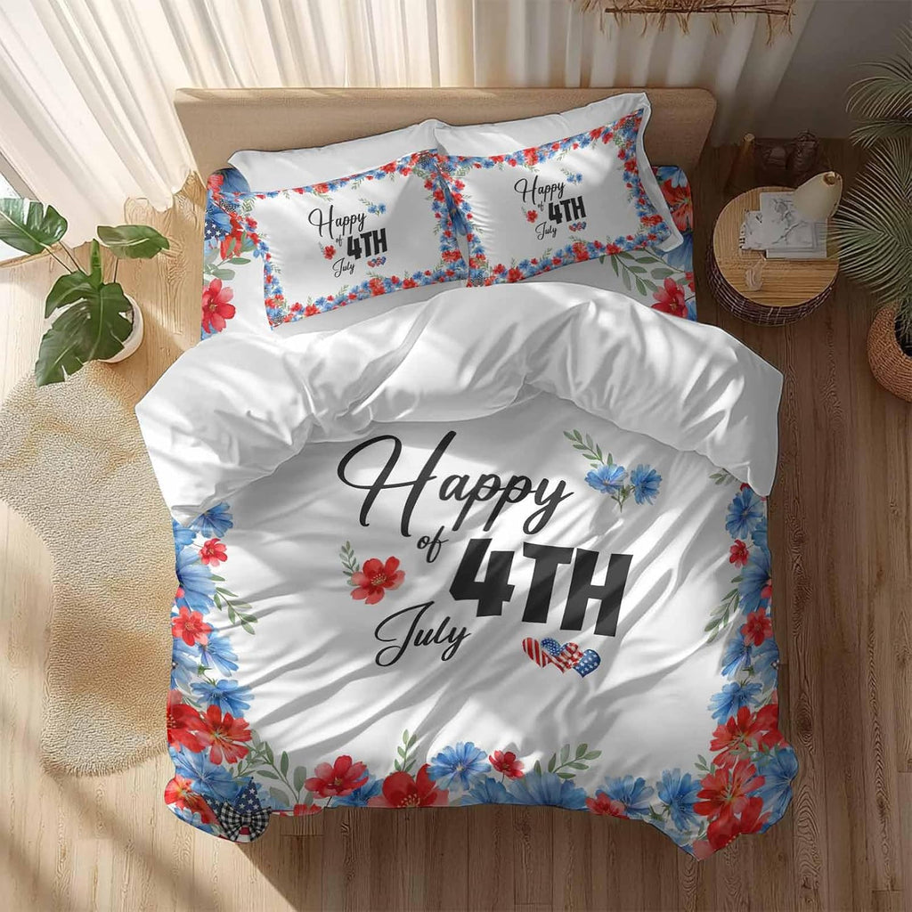 Prime Leader Happy of 4th July Duvet Cover Set Queen Size 4 Pieces Rustic Red Blue Floral Heart Bedding Set with Zipper Closure, 1 Comforter Cover 86x86 Inches 1 Flat Sheet & 2 Pillow Cases