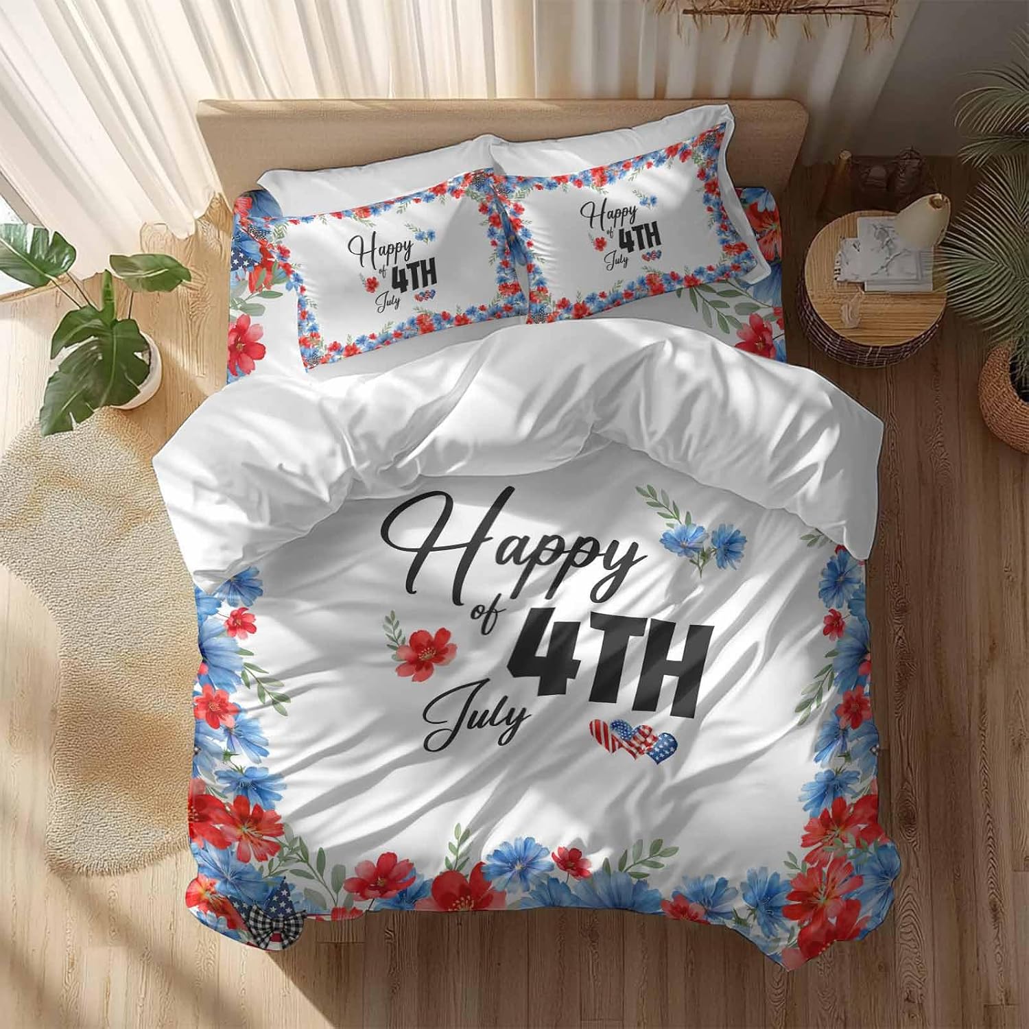 Prime Leader Happy of 4th July Duvet Cover Set Queen Size 4 Pieces Rustic Red Blue Floral Heart Bedding Set with Zipper Closure, 1 Comforter Cover 86x86 Inches 1 Flat Sheet & 2 Pillow Cases
