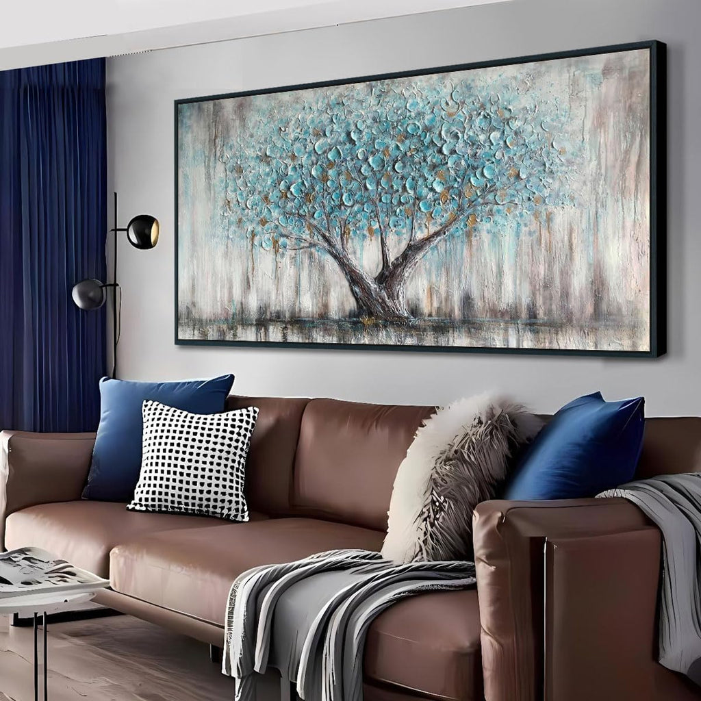 Arjun Framed Blue Tree Extra Large Canvas Wall Art for Living Room Tree of Life Abstract Bedroom Textured Painting, Nature Picture Panoramic Landscape Artwork Home Office Decor, Black Wood 58'x29'