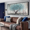 Arjun Framed Blue Tree Extra Large Canvas Wall Art for Living Room Tree of Life Abstract Bedroom Textured Painting, Nature Picture Panoramic Landscape Artwork Home Office Decor, Black Wood 58'x29'