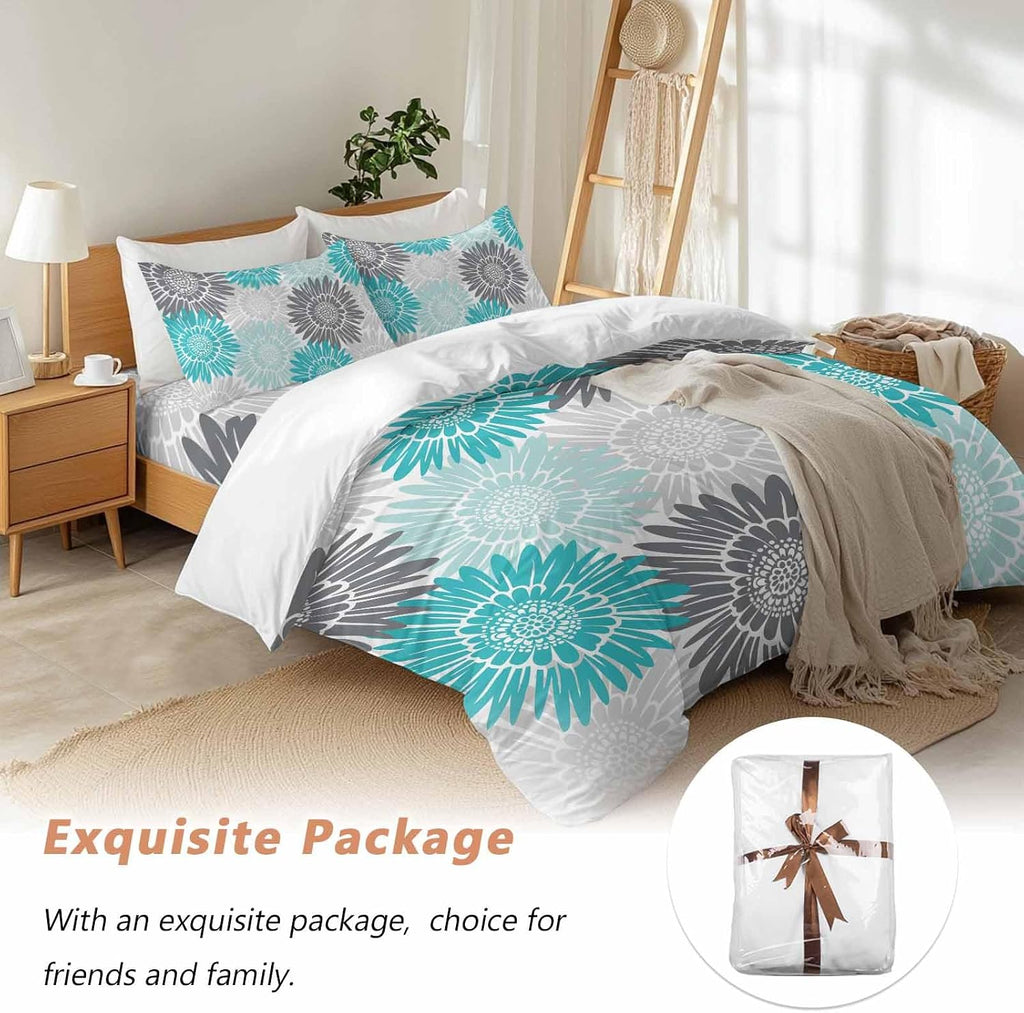 Turquoise Gray Sunflowers Duvet Cover Set Queen Size 4 Pieces Abstract Blooming Floral Rustic Bedding Set with Zipper Closure, 1 Comforter Cover 86x86 Inches 1 Flat Sheet & 2 Pillow Cases